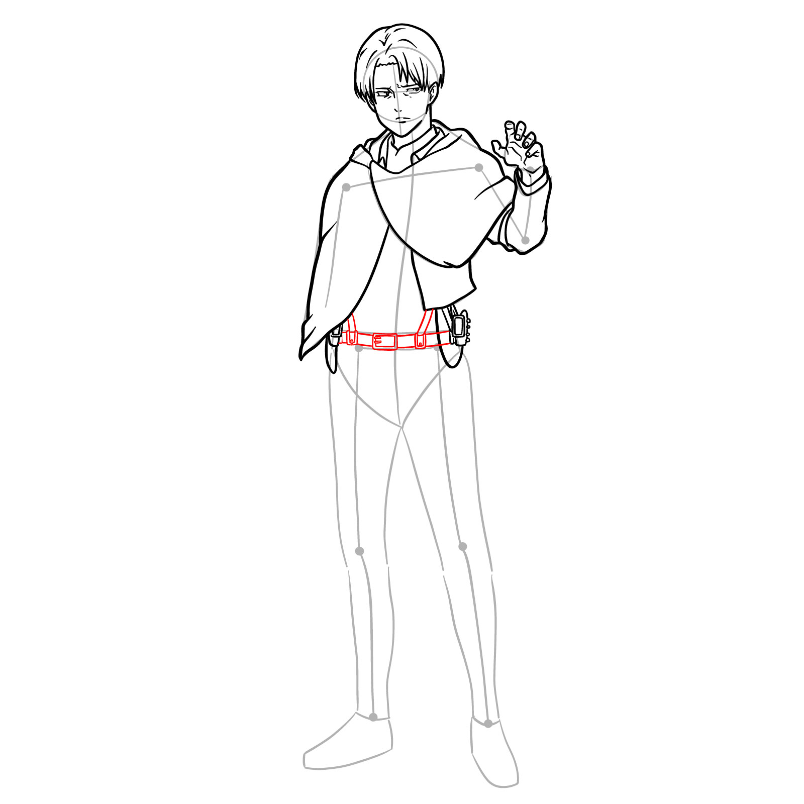 How to draw Captain Levi's jacket and utility belt details in a step-by-step full body drawing guide - step 17