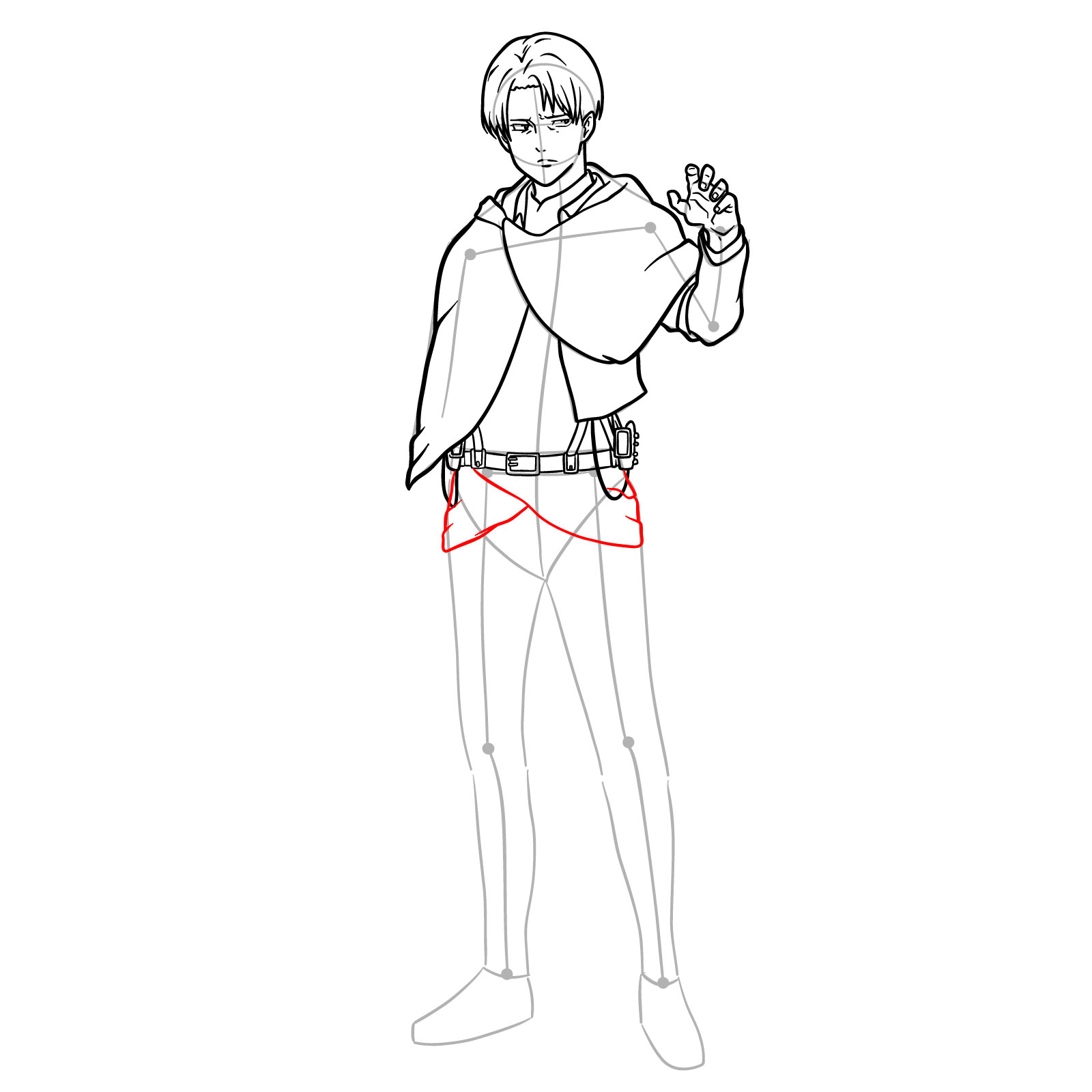 Step-by-step guide on drawing Captain Levi's legs and left ODM gear for a full body portrait - step 18