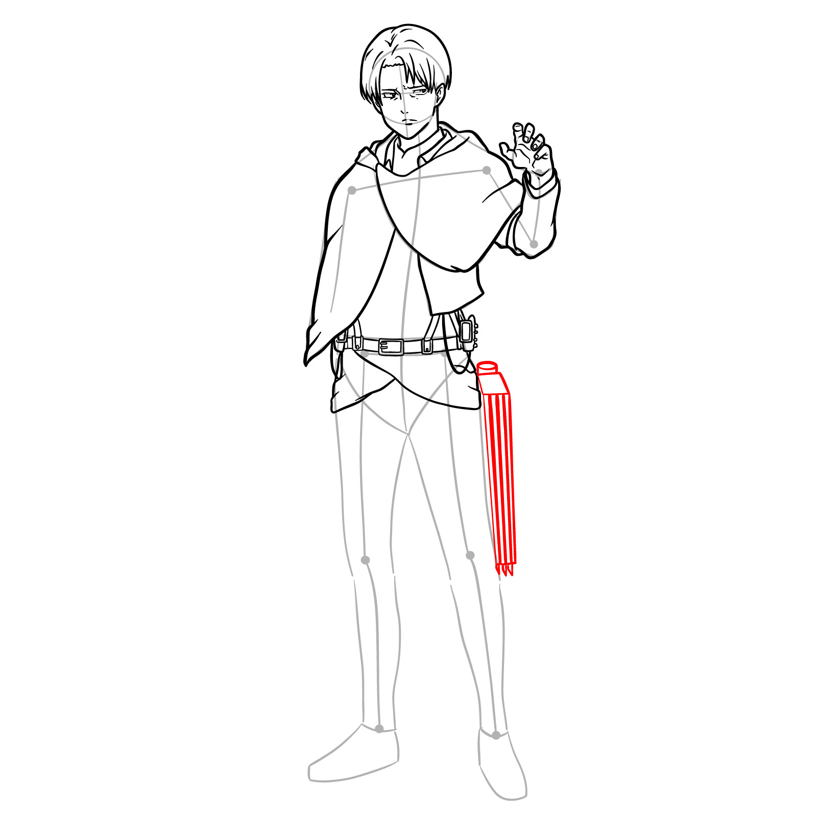 Step-by-step guide on drawing Captain Levi's legs and left ODM gear for a full body portrait - step 19