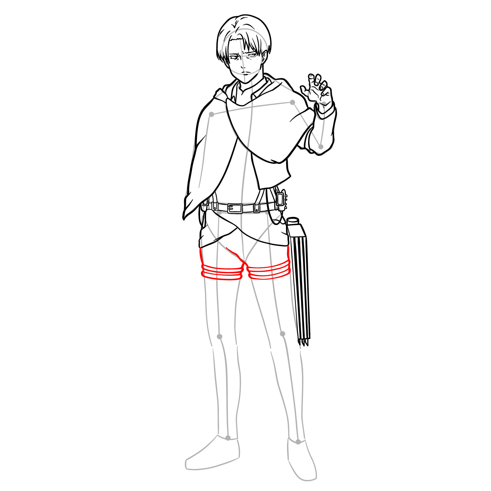 Step-by-step guide on drawing Captain Levi's legs and left ODM gear for a full body portrait - step 20