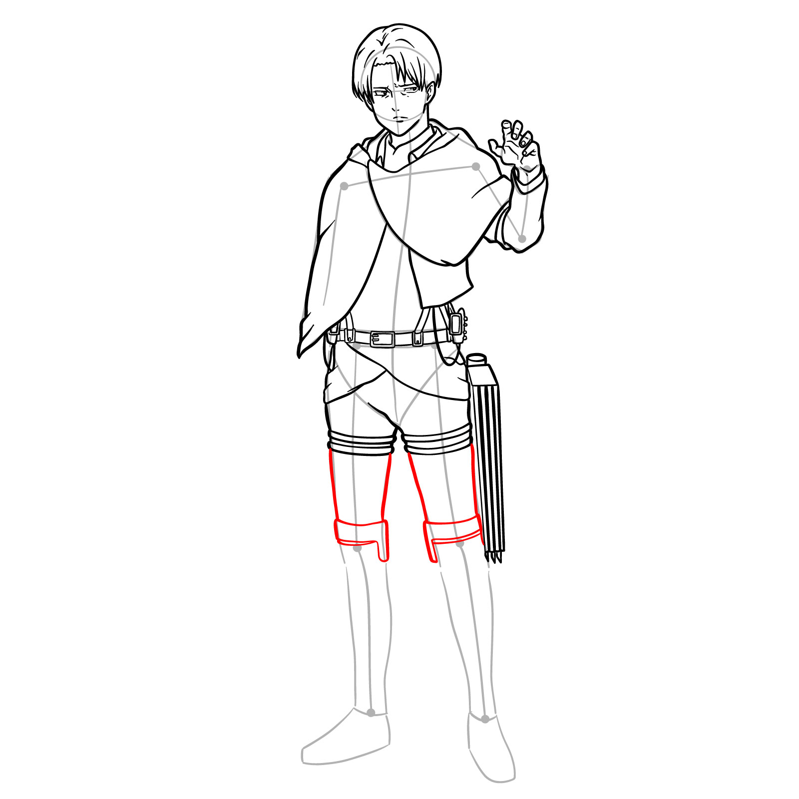 Step-by-step guide on drawing Captain Levi's legs and left ODM gear for a full body portrait - step 21