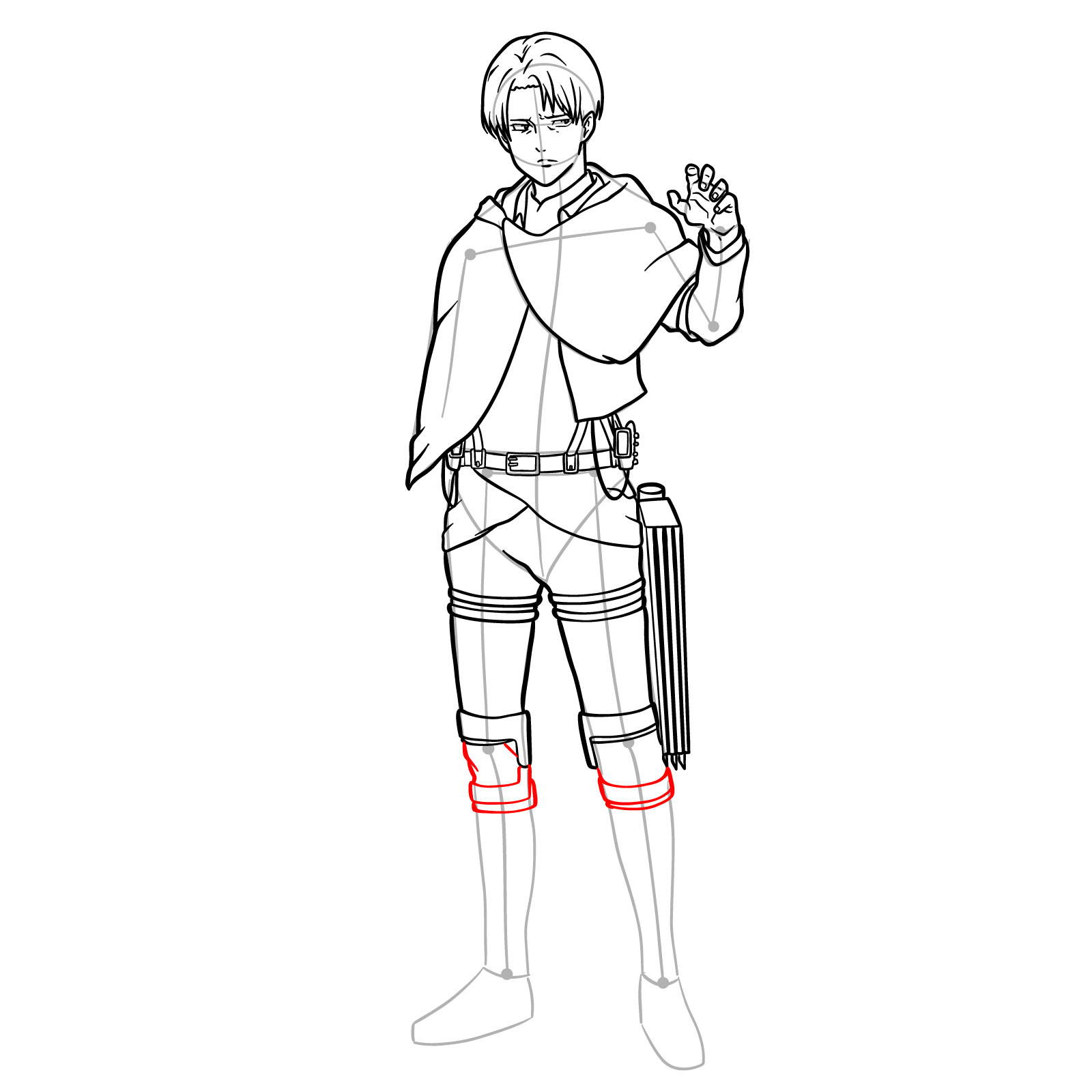 Step-by-step drawing of Levi Ackerman's legs and boots with detailed straps and soles - step 22