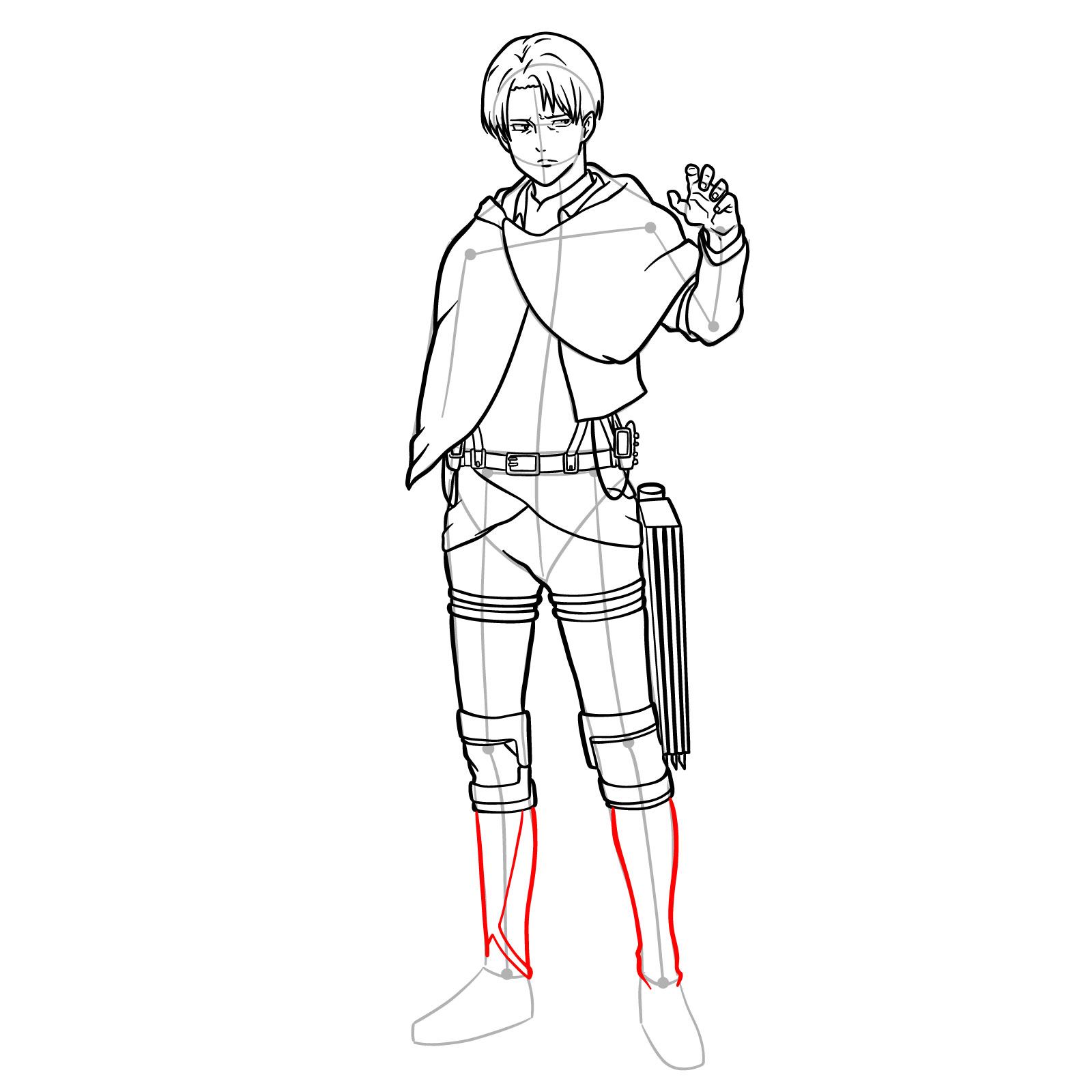 Step-by-step drawing of Levi Ackerman's legs and boots with detailed straps and soles - step 23