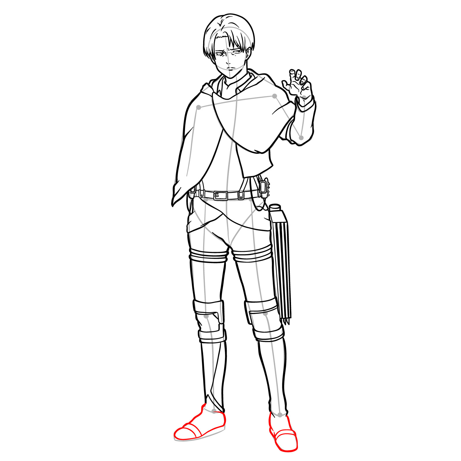 Step-by-step drawing of Levi Ackerman's legs and boots with detailed straps and soles - step 24