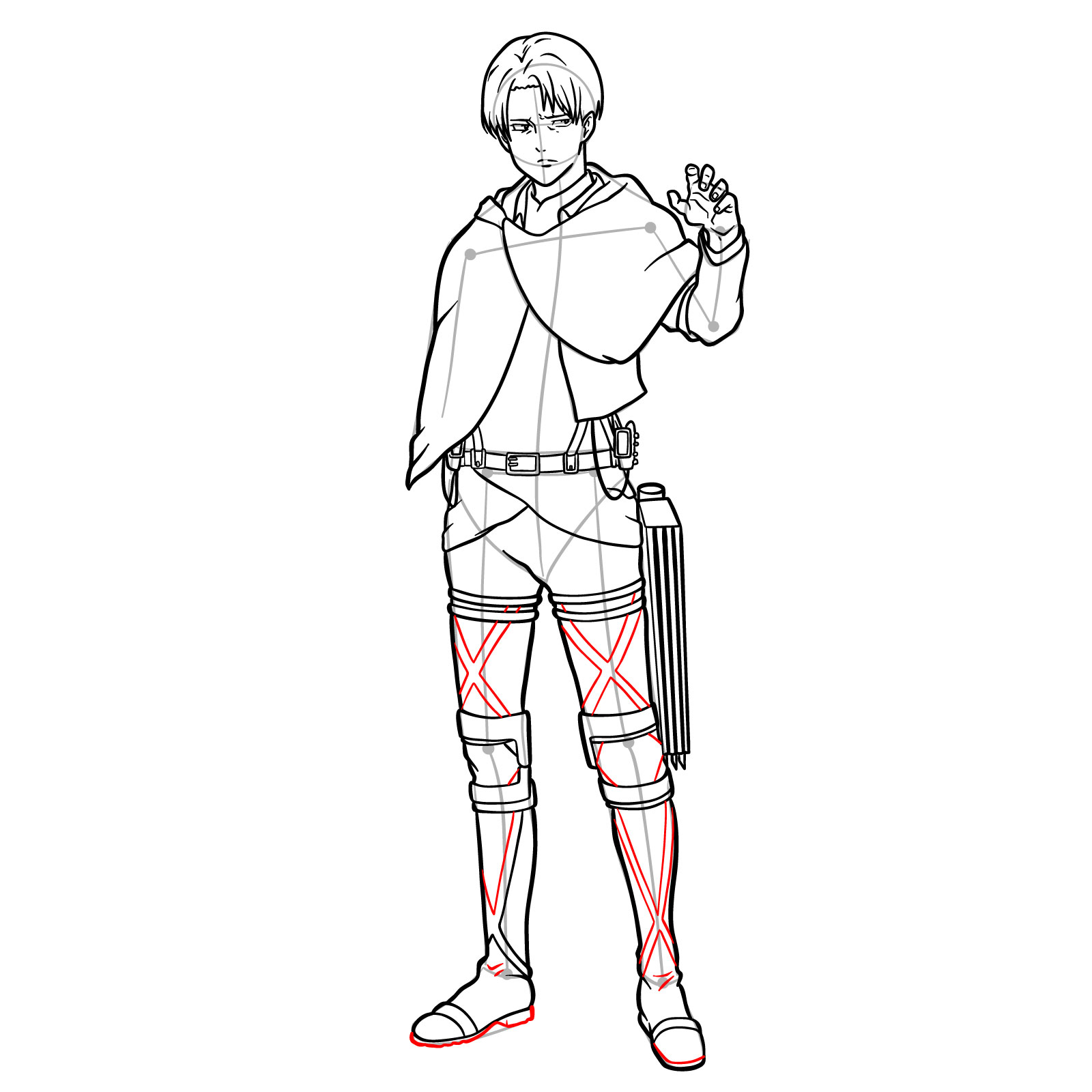 Step-by-step drawing of Levi Ackerman's legs and boots with detailed straps and soles - step 25