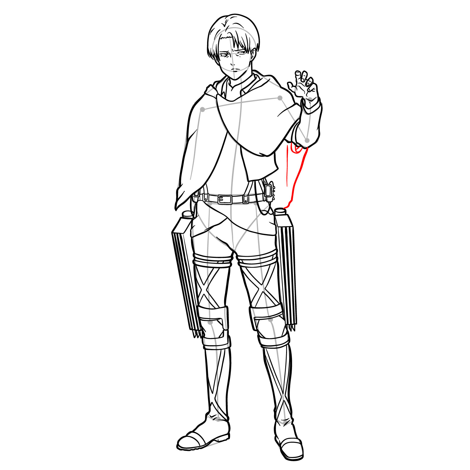 How to draw the missing part of Captain Levi's cloak in a full-body drawing guide - step 27
