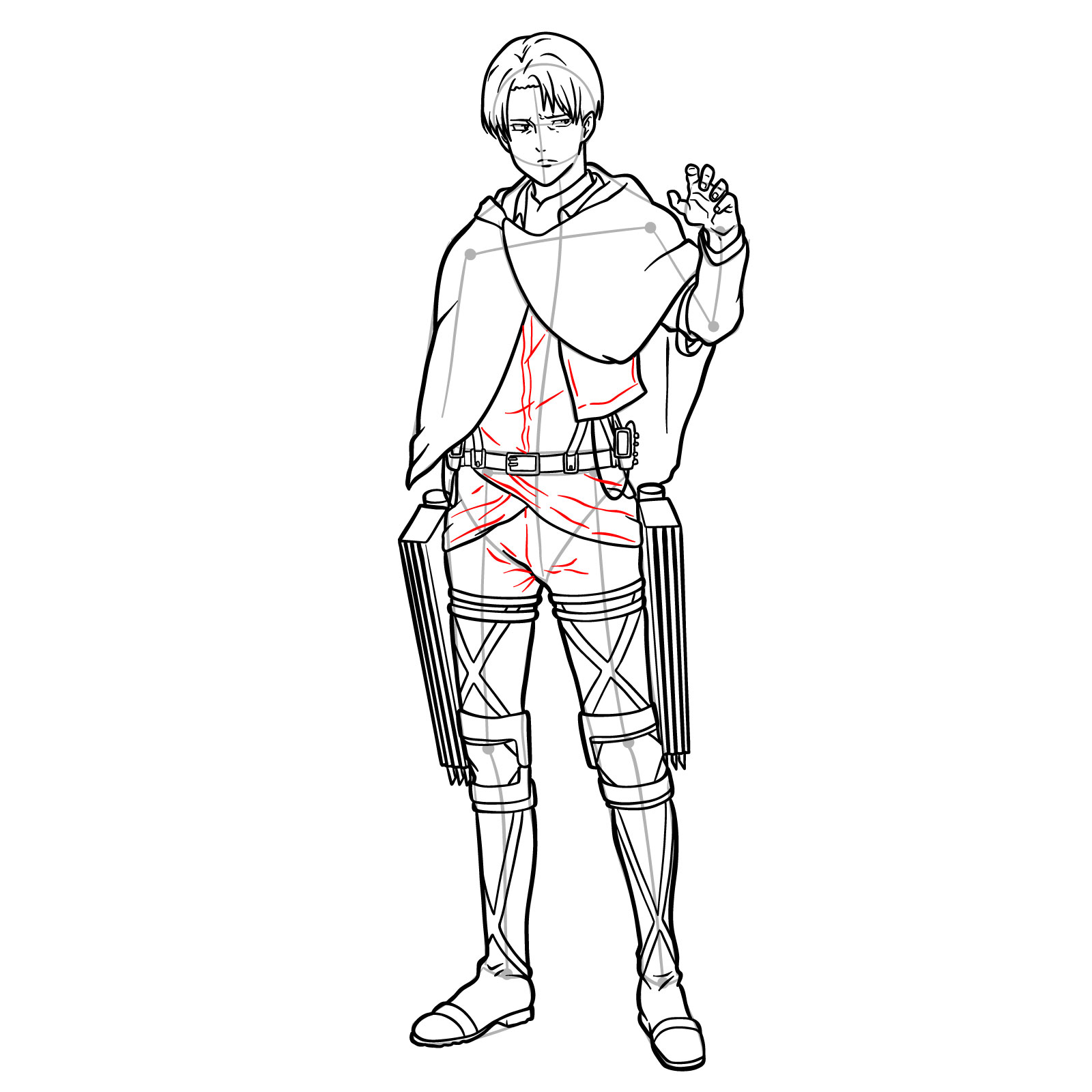 Detailed drawing instructions for adding seams, folds, and creases to Captain Levi's uniform - step 28