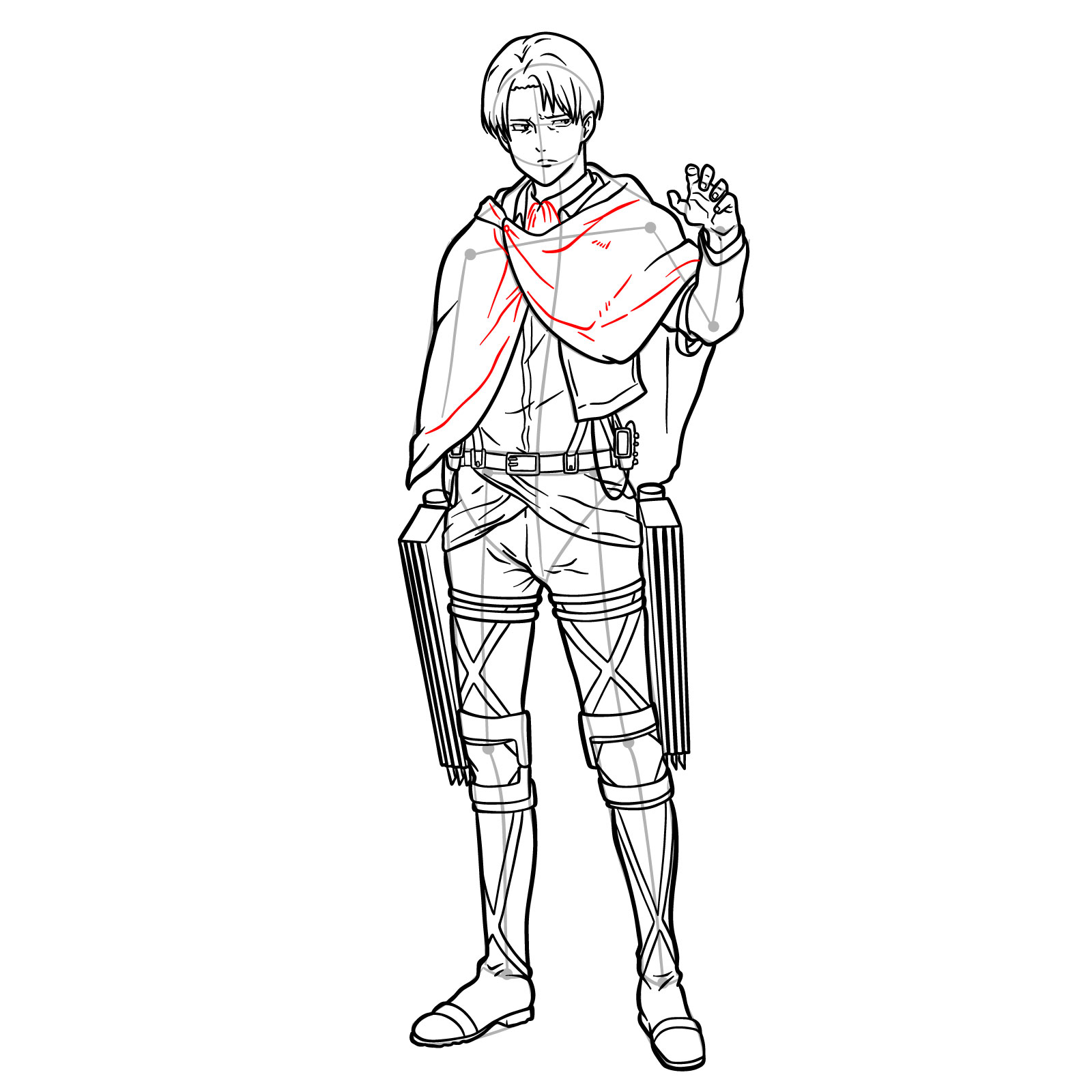 Detailed drawing instructions for adding seams, folds, and creases to Captain Levi's uniform - step 29