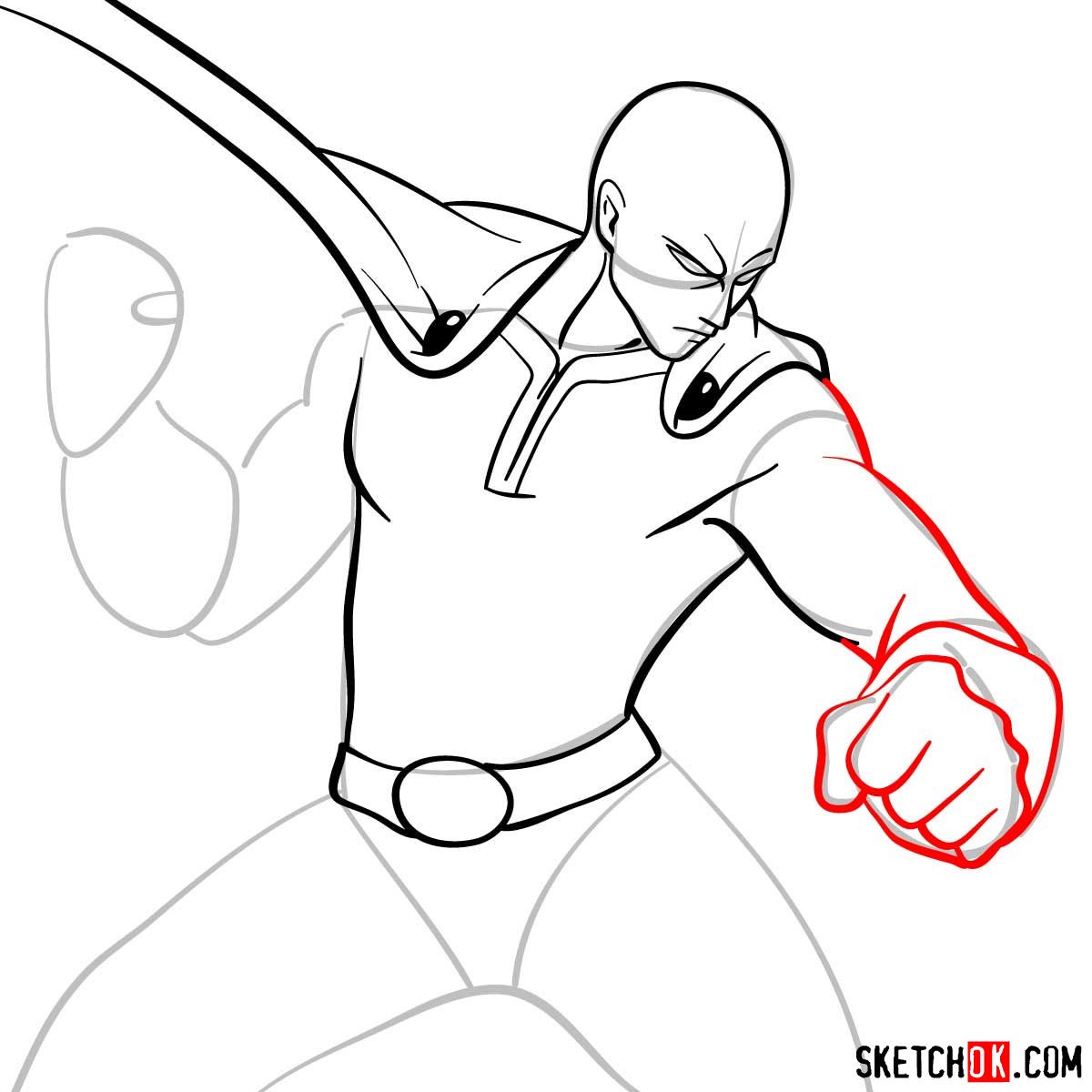 How to draw fighting Saitama in 12 steps - step 08