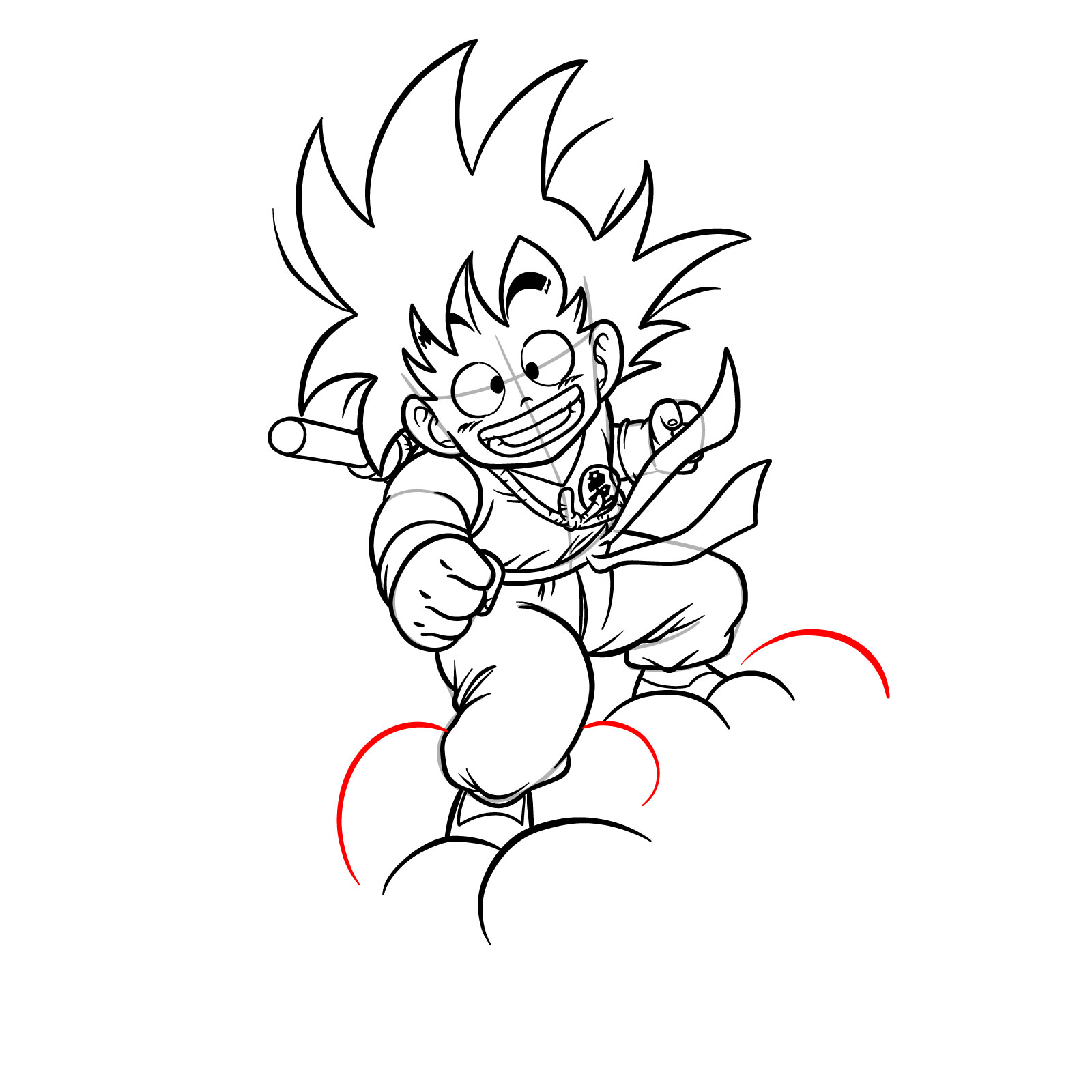 How to draw Kid Goku riding on the Flying Nimbus - step 25
