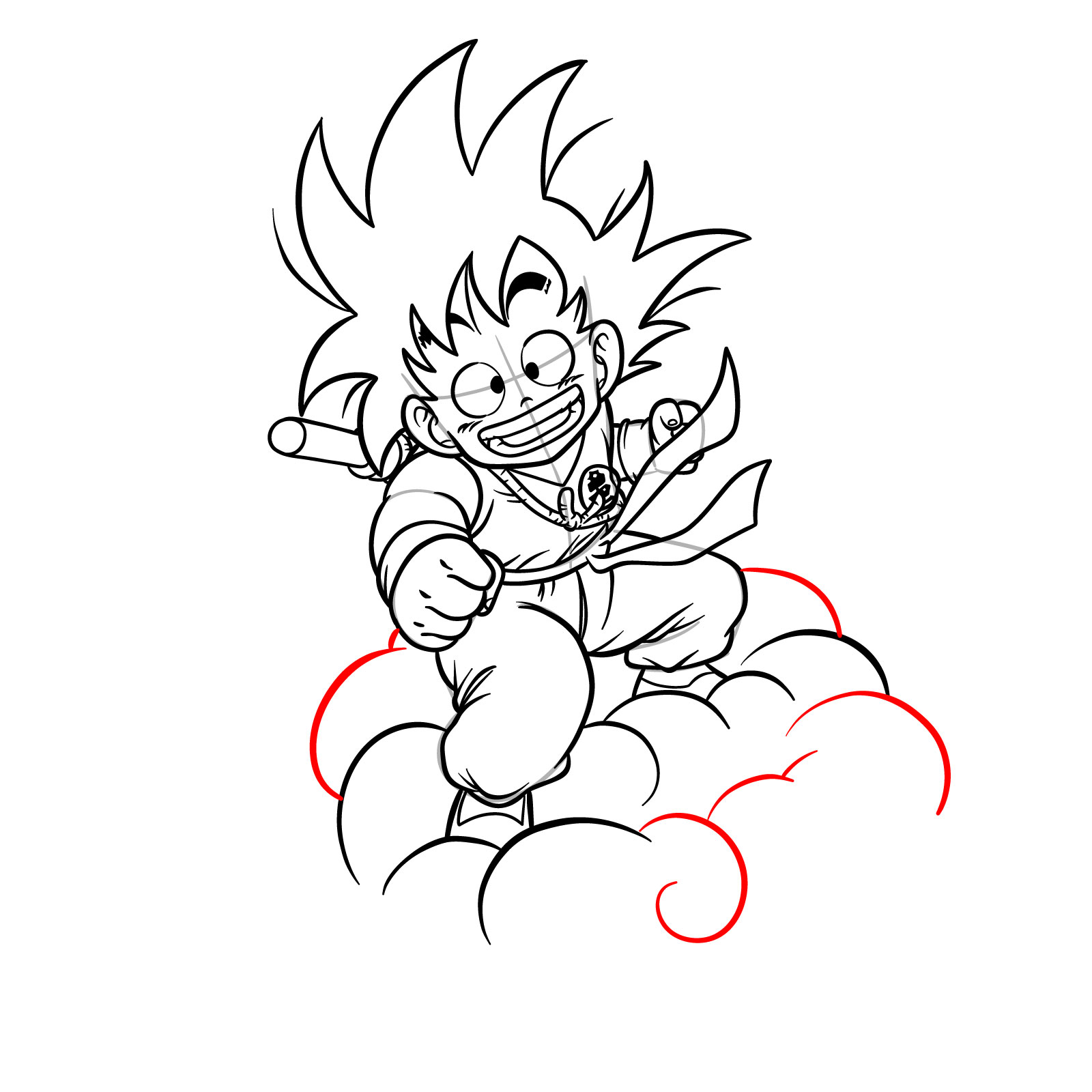 How to draw Kid Goku riding on the Flying Nimbus - step 26