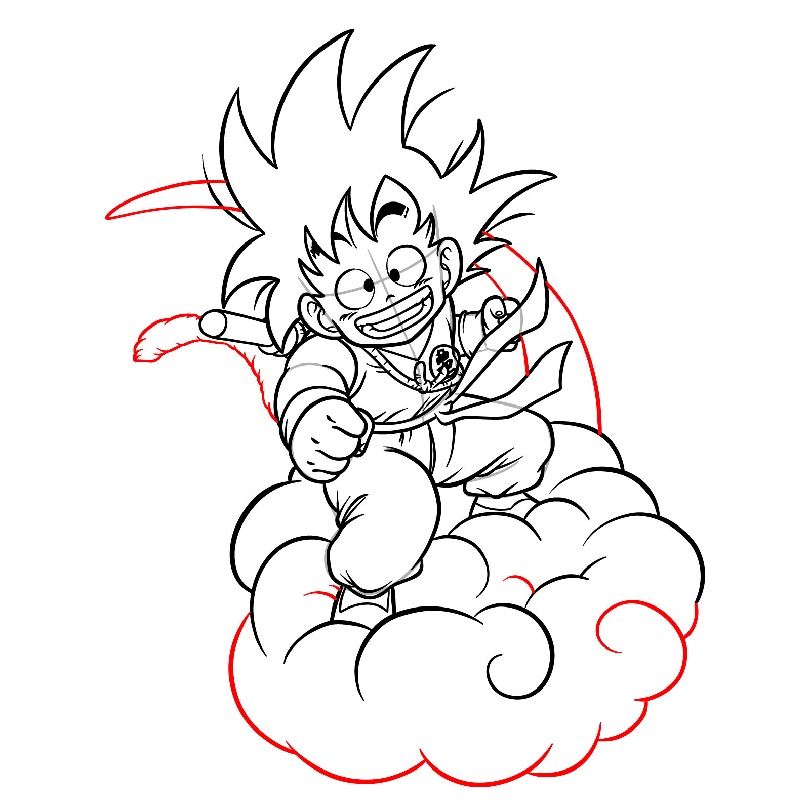 How to draw Kid Goku riding on the Flying Nimbus - step 27