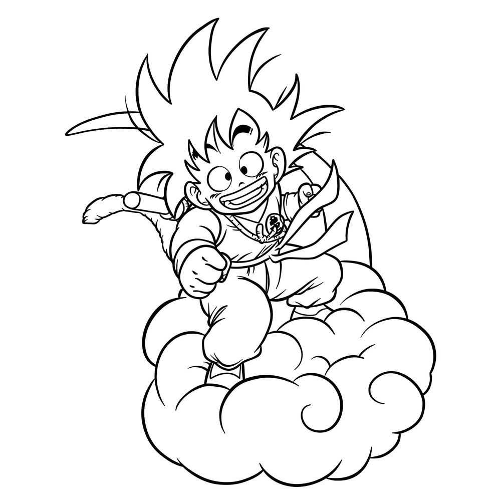 How to draw Kid Goku riding on the Flying Nimbus