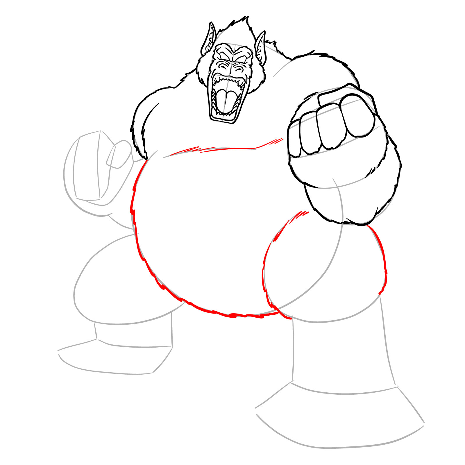 How to draw Great Ape Goku - body and left leg shaped to the knee with fur line added - step 12