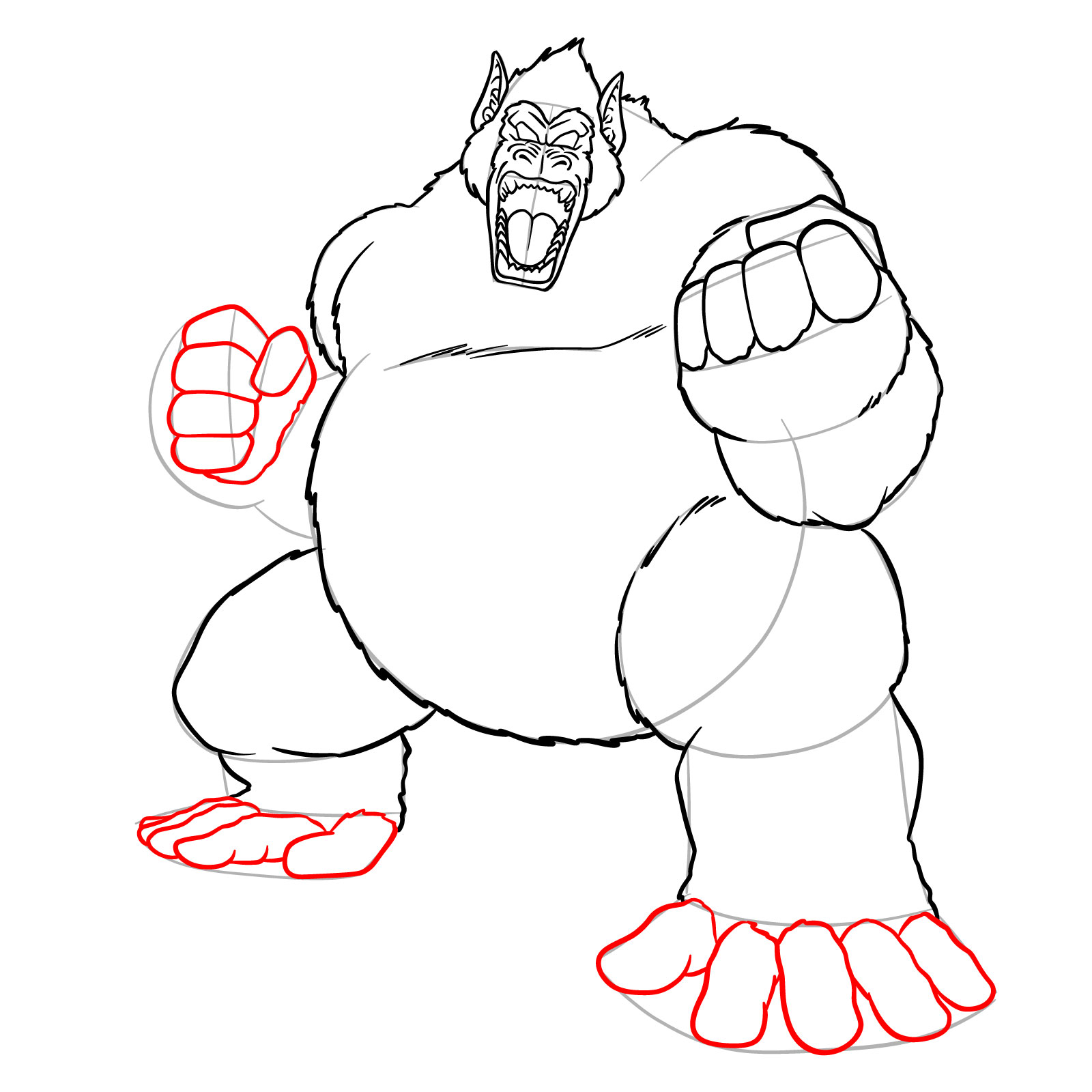 Feet toes and right fist drawn for Great Ape Goku - step 14