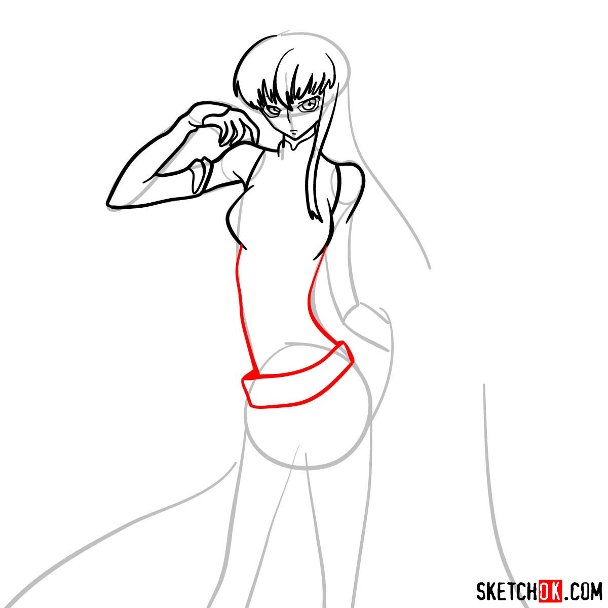 16 steps drawing guide of C.C. from Code Geass anime - step 09
