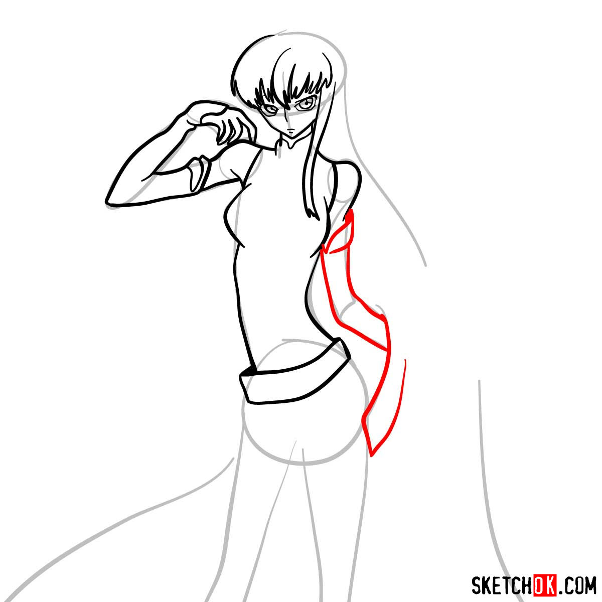 16 steps drawing guide of C.C. from Code Geass anime - step 10