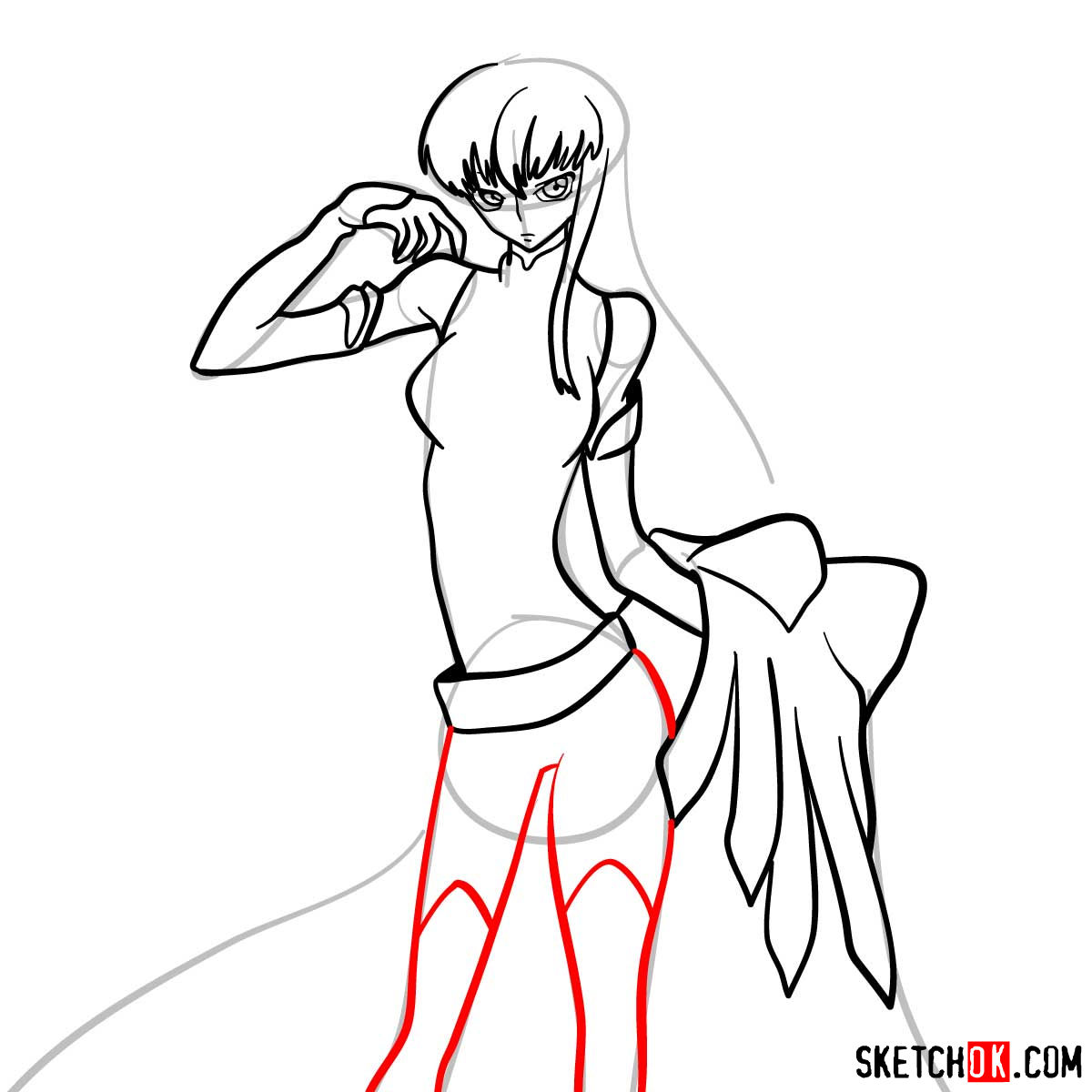 16 steps drawing guide of C.C. from Code Geass anime - step 12
