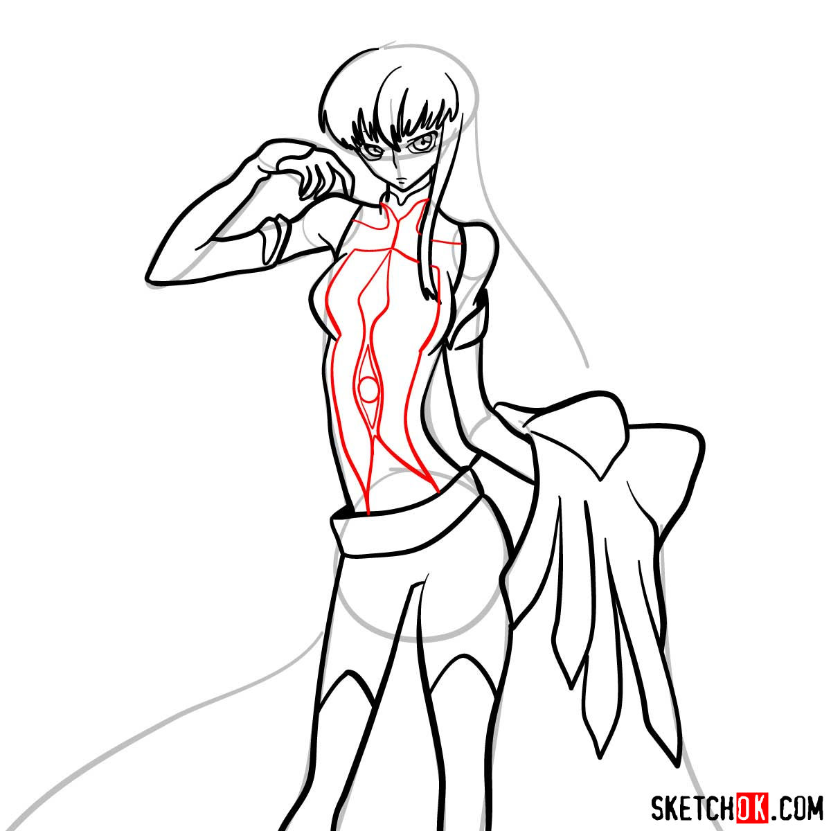 16 steps drawing guide of C.C. from Code Geass anime - step 13