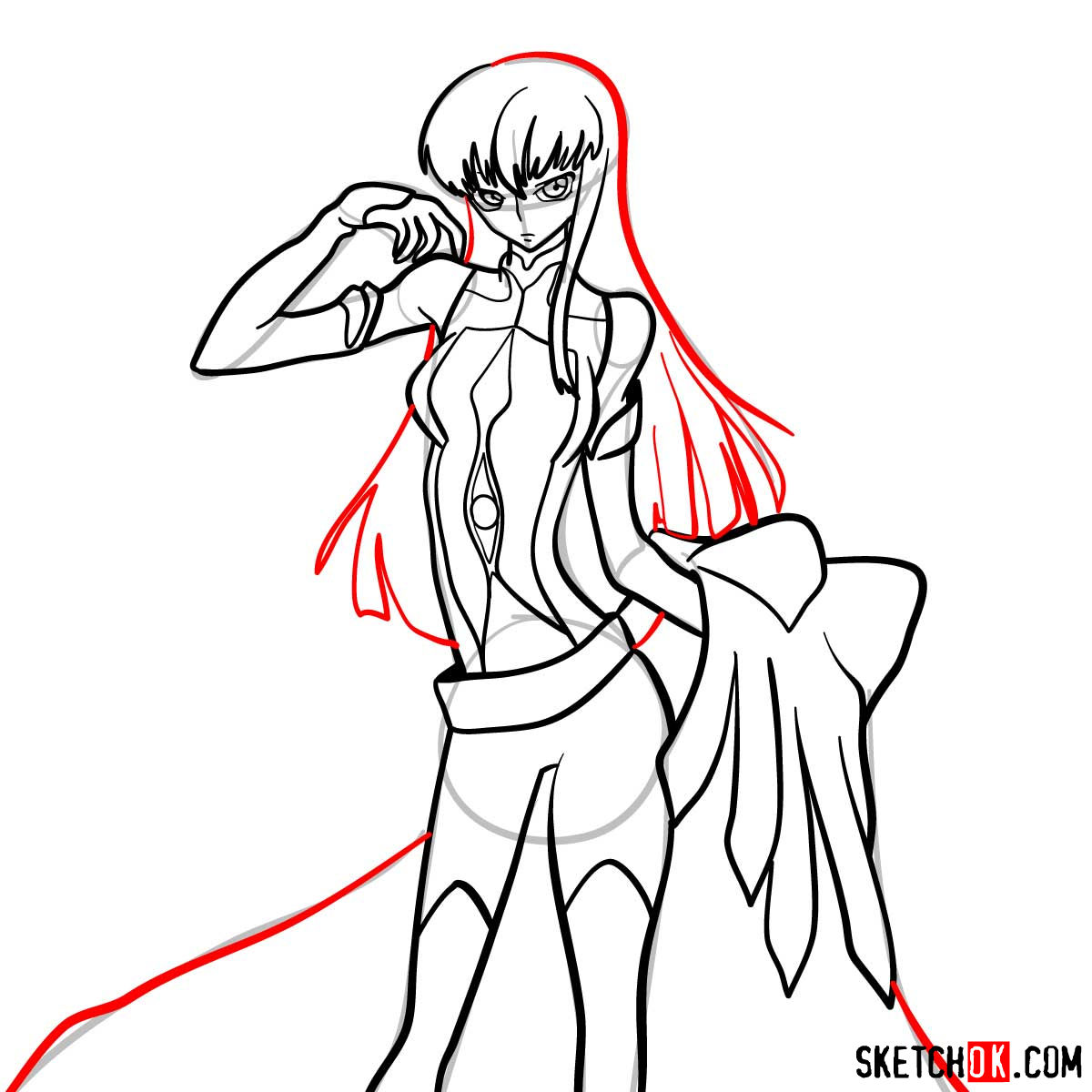 16 steps drawing guide of C.C. from Code Geass anime - step 14