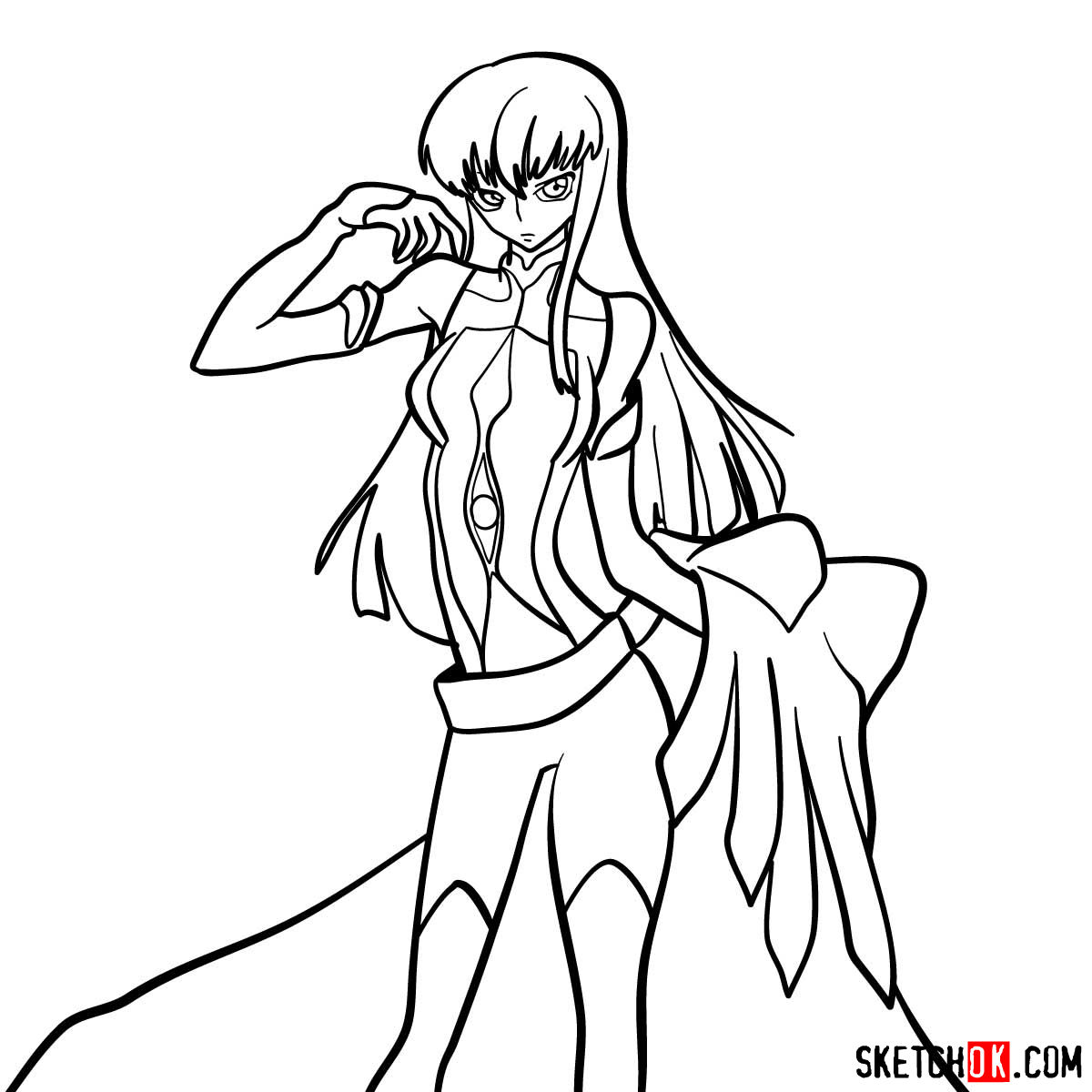 16 steps drawing guide of C.C. from Code Geass anime - step 15