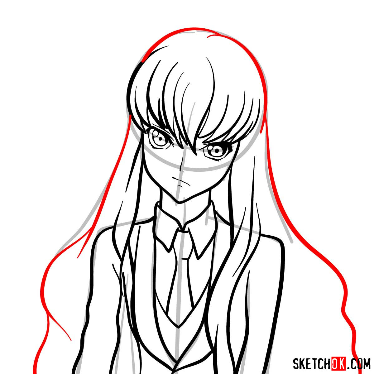 How to draw the face of C.C. | Code Geass anime - step 09