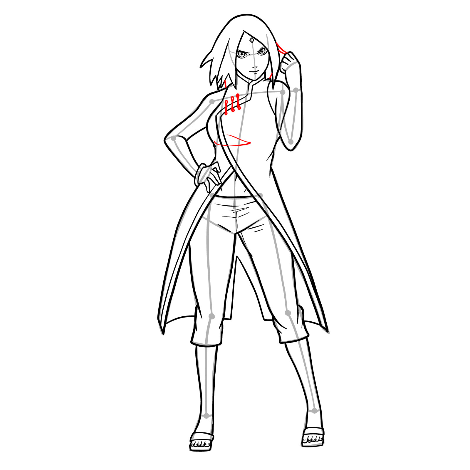 Sakura from Boruto full body drawing guide - step 25