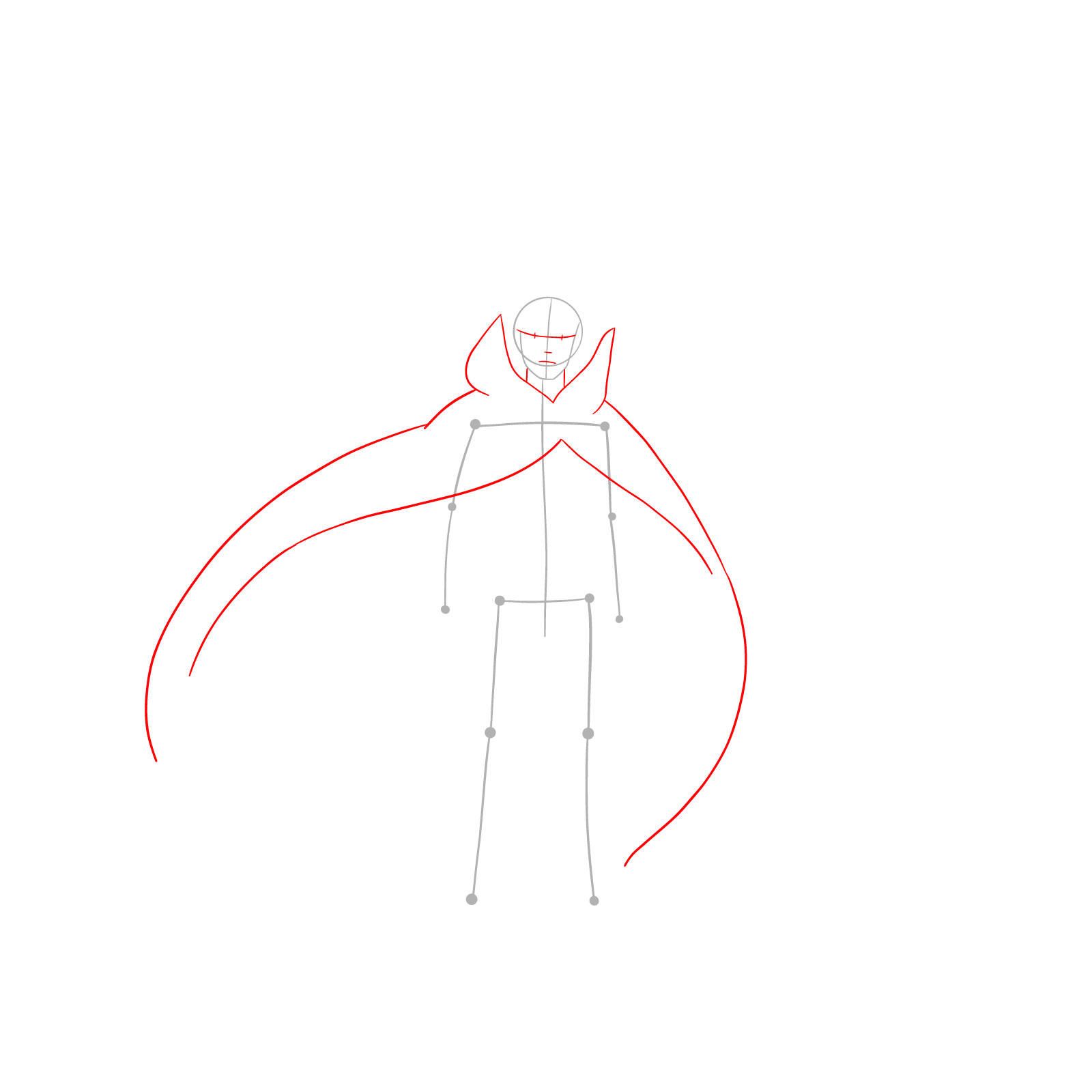 Rough outline of a flowing cape wrapping around the stick figure - step 02
