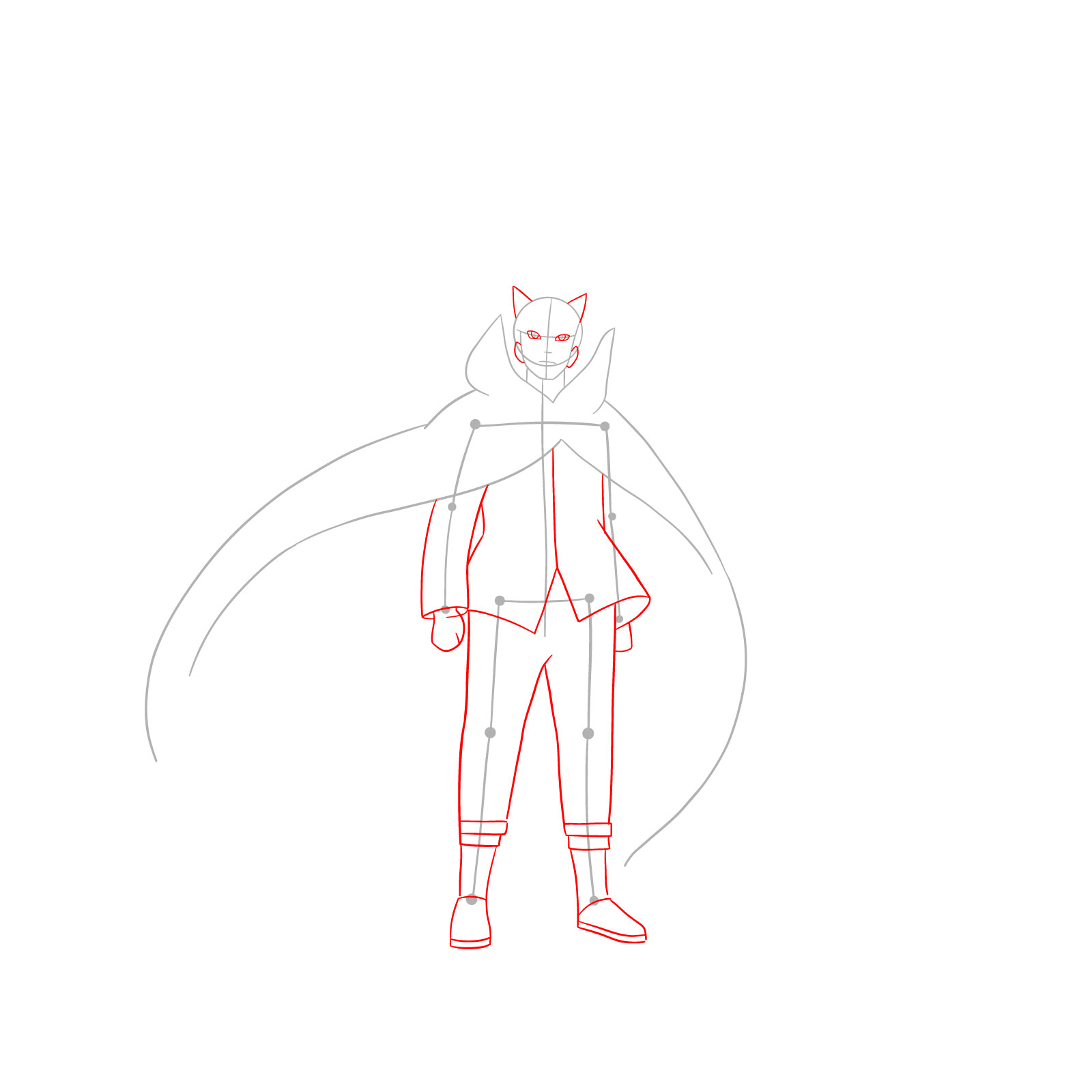 Mapping of Naruto's facial features with light outlines and basic shapes for the torso, arms, and legs - step 03