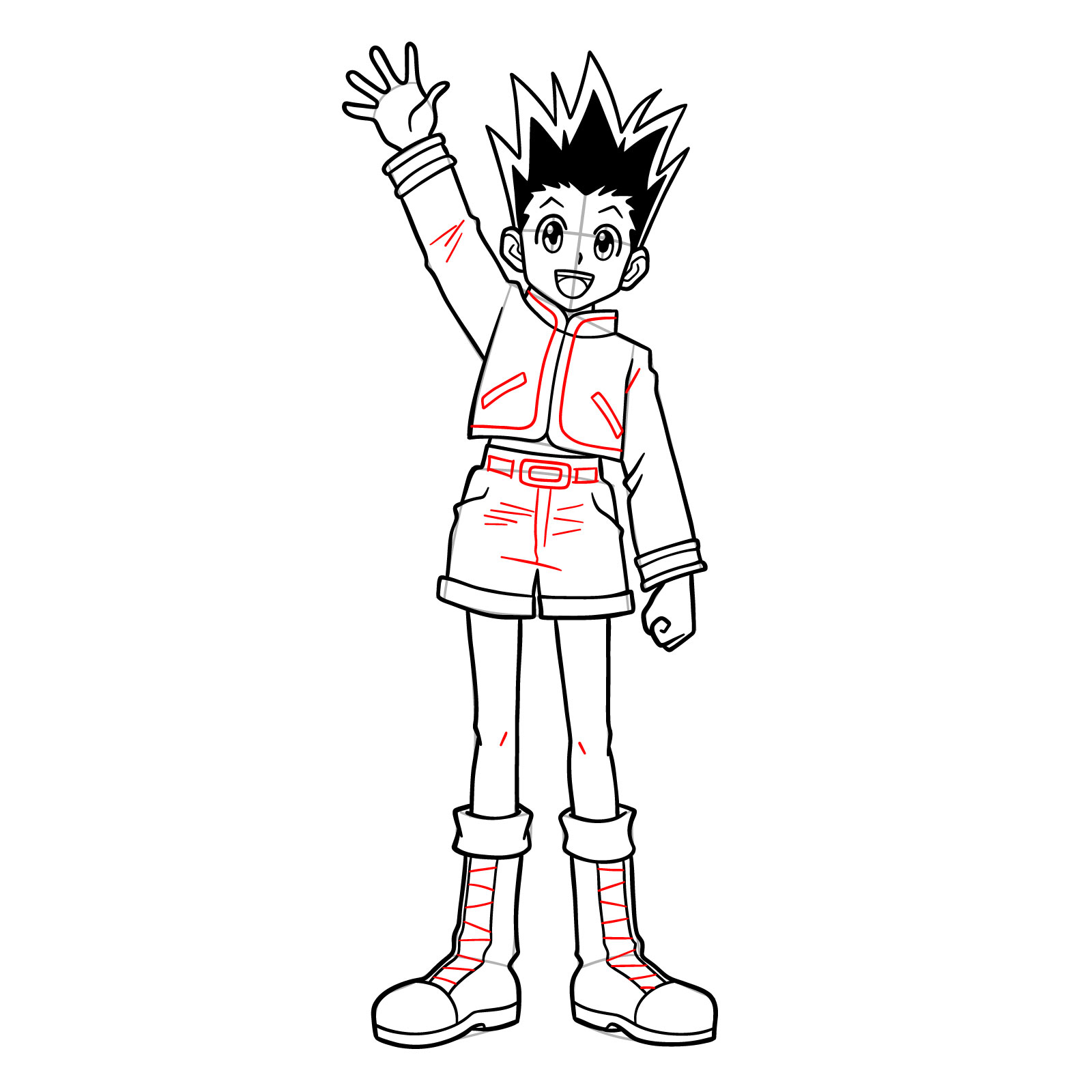 Final details like shoelaces, belt, and folds added to Gon Freecss drawing - step 16