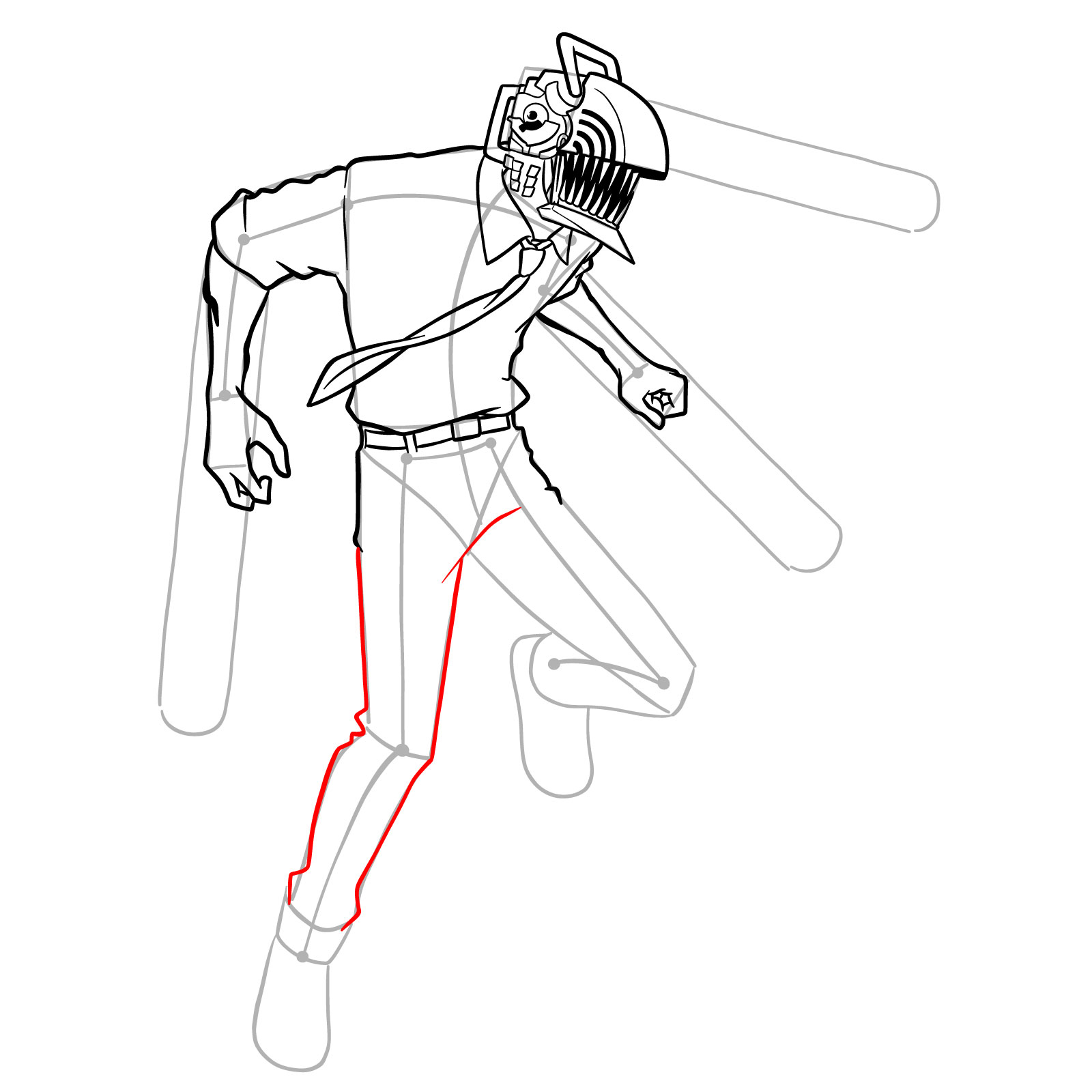Detailed sketch of Chainsaw Man's right leg with outlined pants - step 17