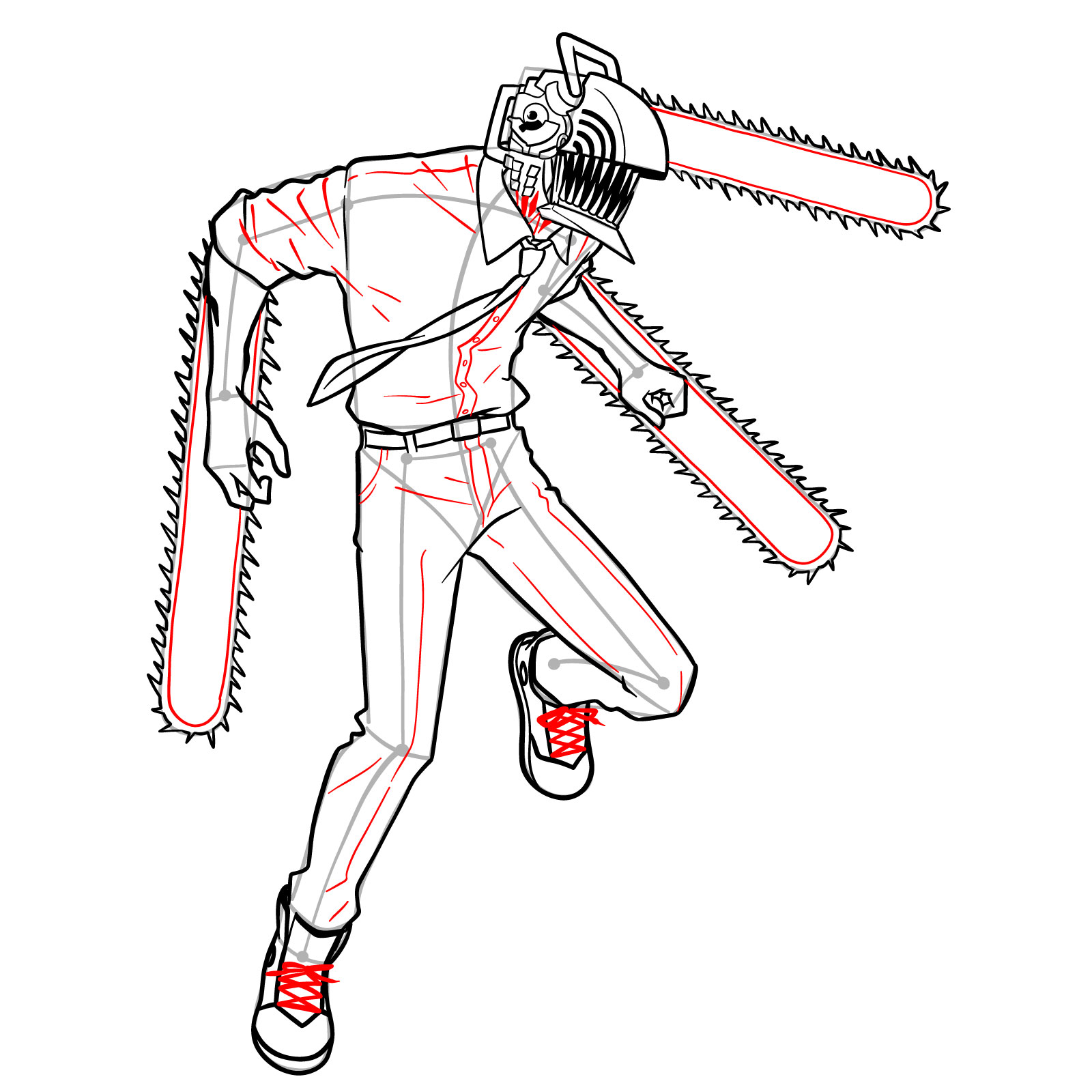 Detailed illustration of Chainsaw Man with added inner lines for chainsaws, shoe laces, and clothing folds - step 23