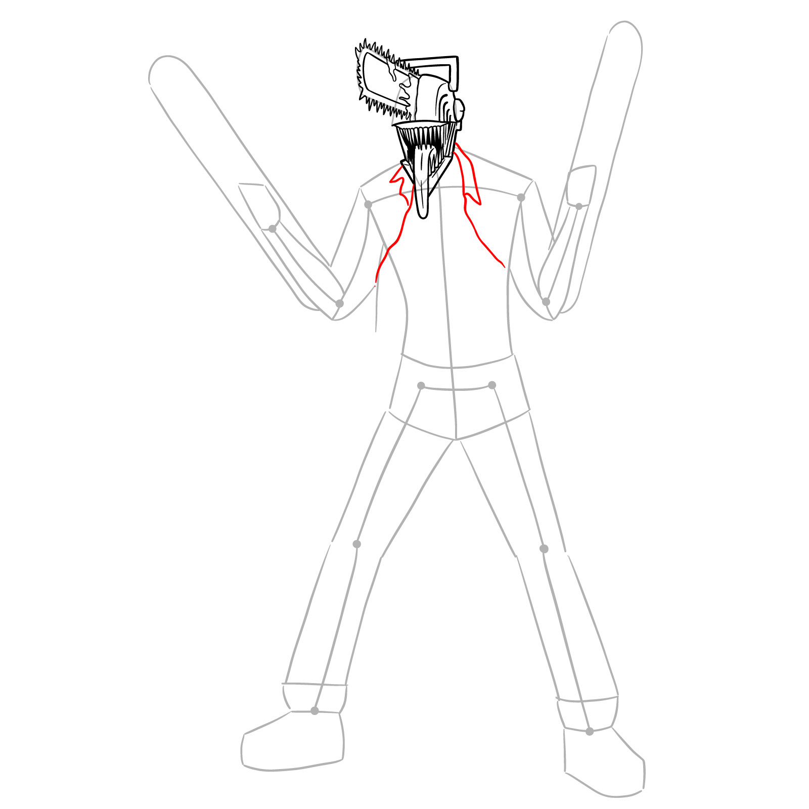 Outline of an unbuttoned shirt on a character drawing, indicating the start of the torso details - step 13
