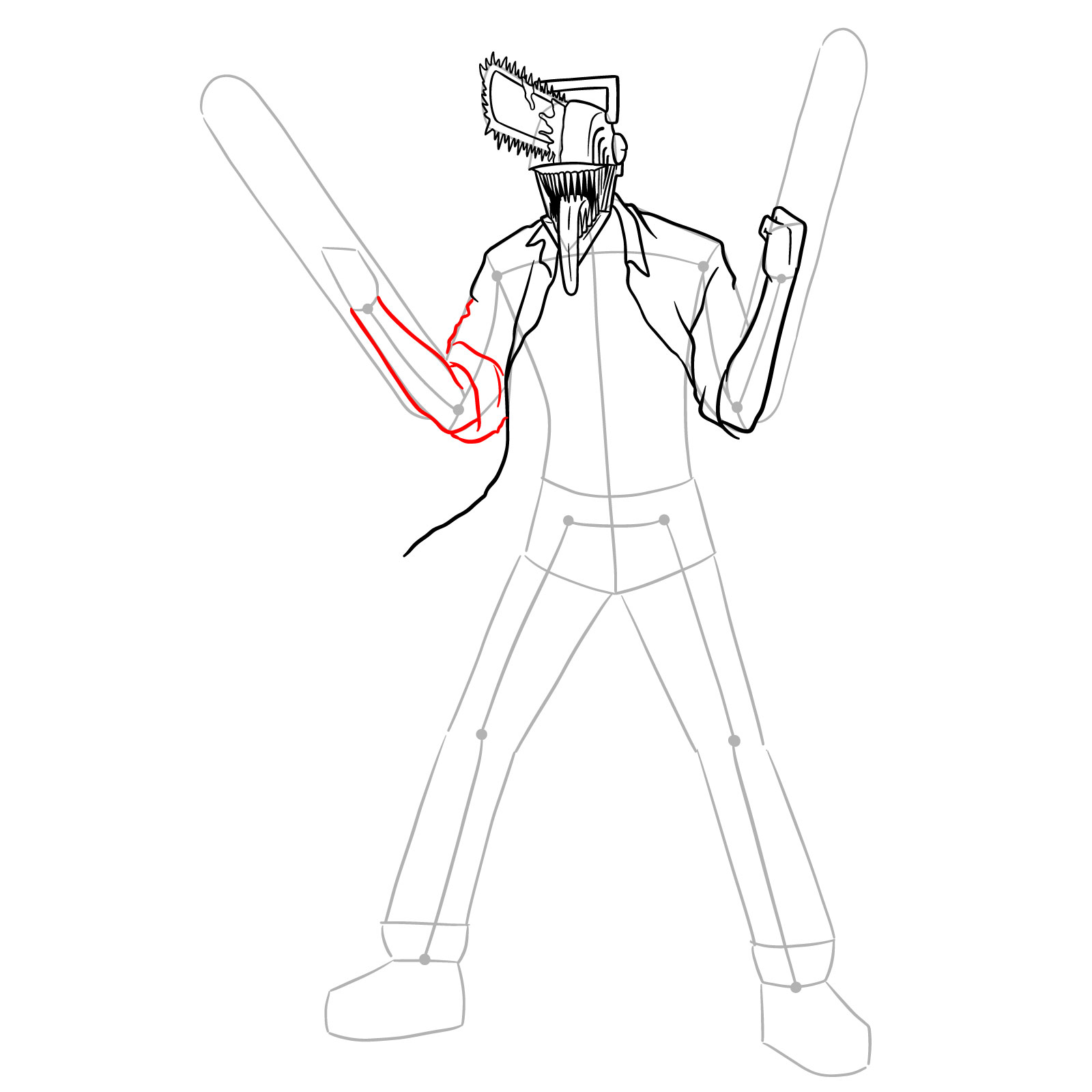 Sketching the right sleeve and arm of Chainsaw Man in a dynamic pose - step 17