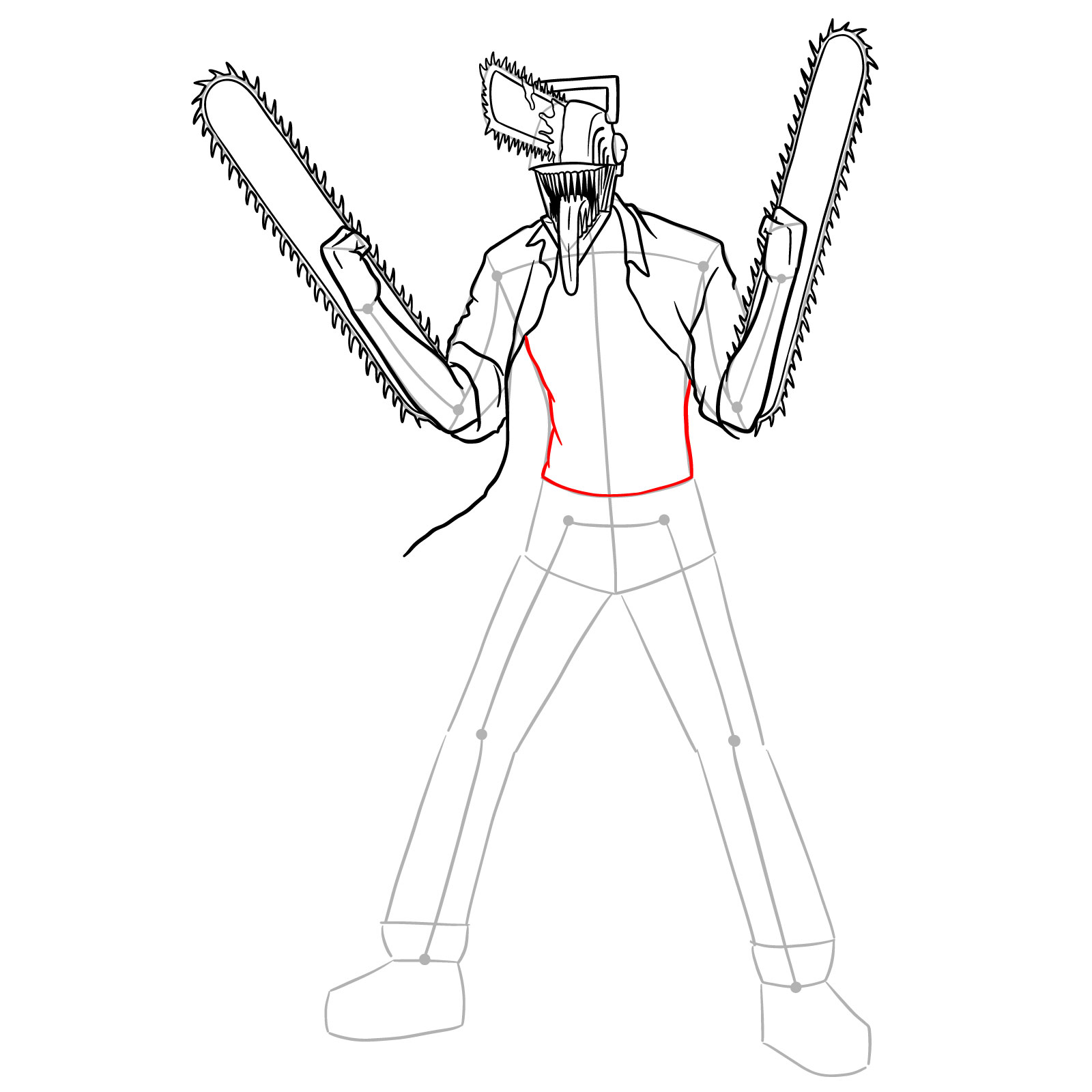 A sketch of Chainsaw Man's torso with the outline extending down to the pants - step 21