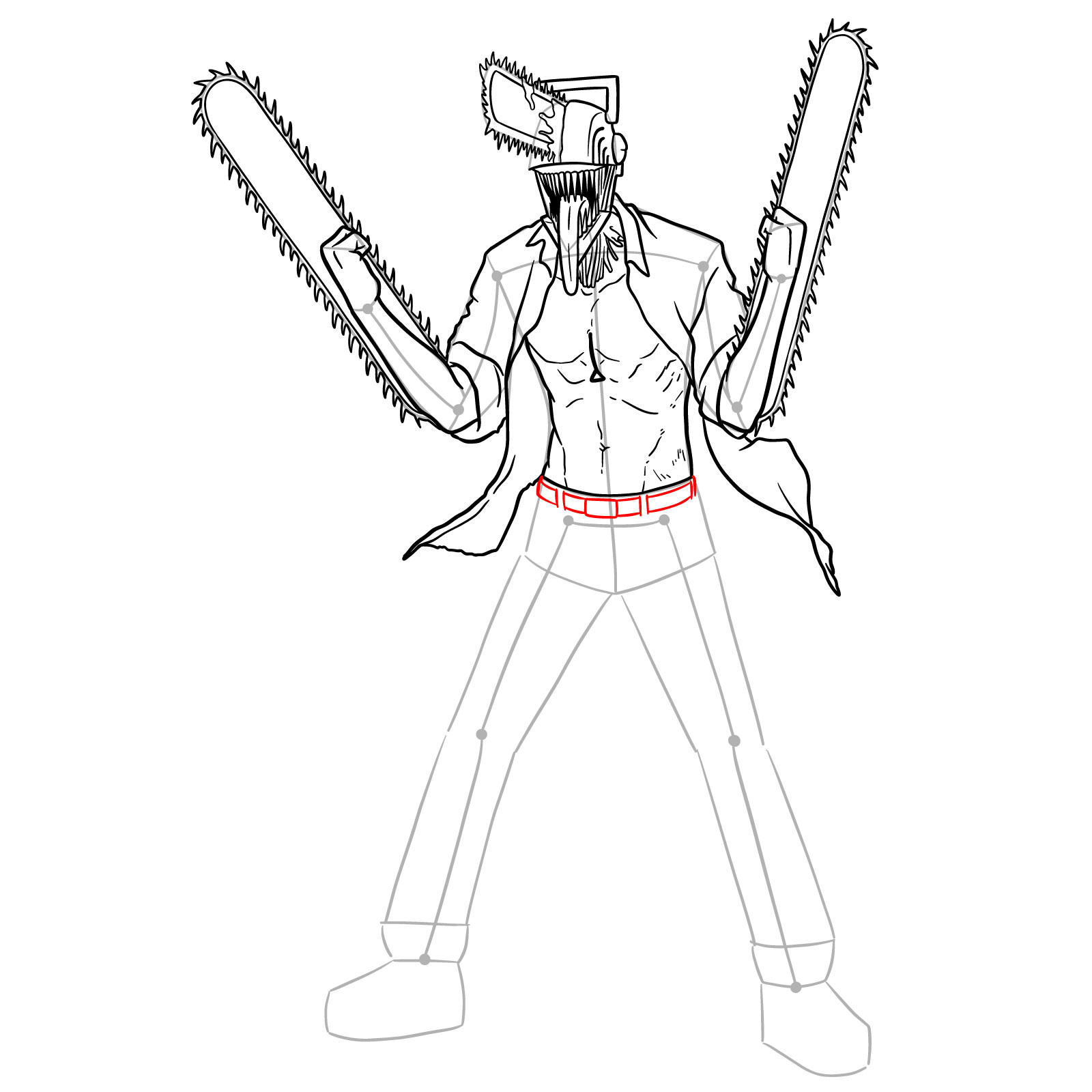 Finalizing the drawing with the addition of Chainsaw Man's belt - step 24
