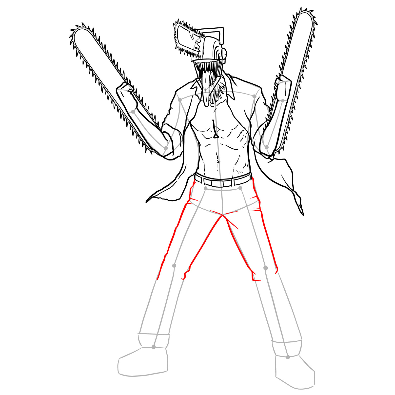 A drawing step showing the pants sketched from the waist down to the knees for the Chainsaw Man character - step 25