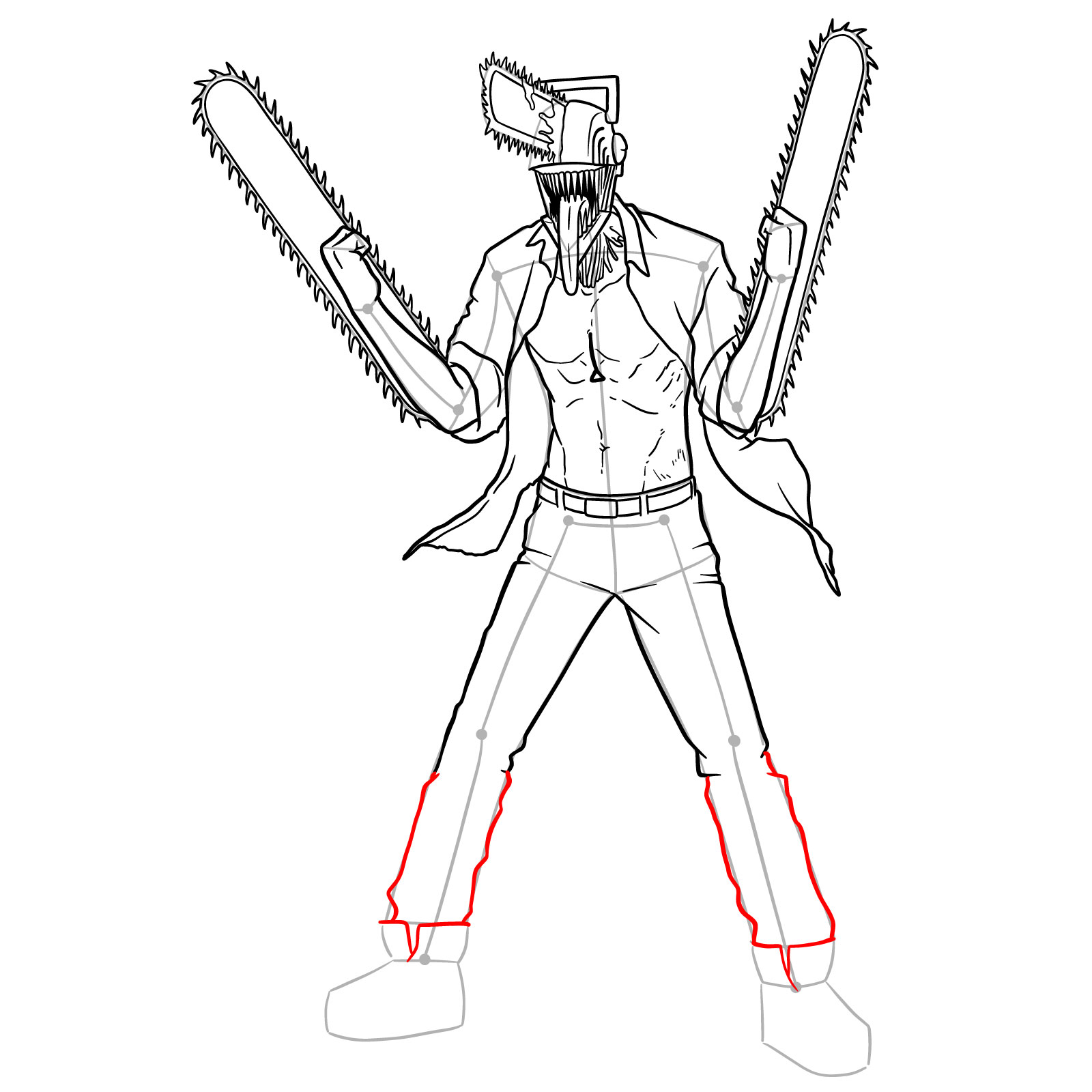 A continuation of the drawing, extending the pants from the knees to the ankles, including the upper part of the sneakers - step 26