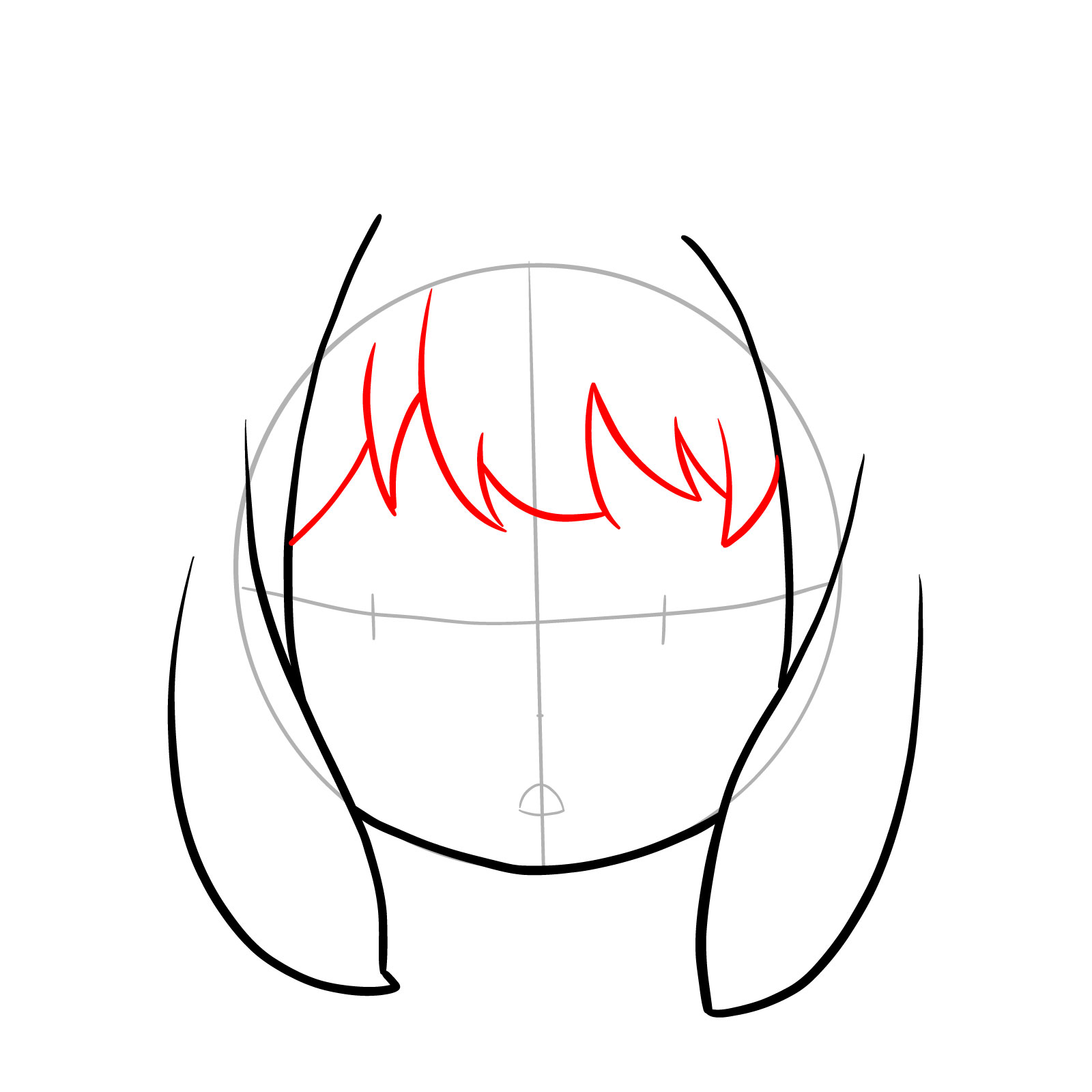 Step 4 of creating Anya's face drawing with the sketch of her fringe