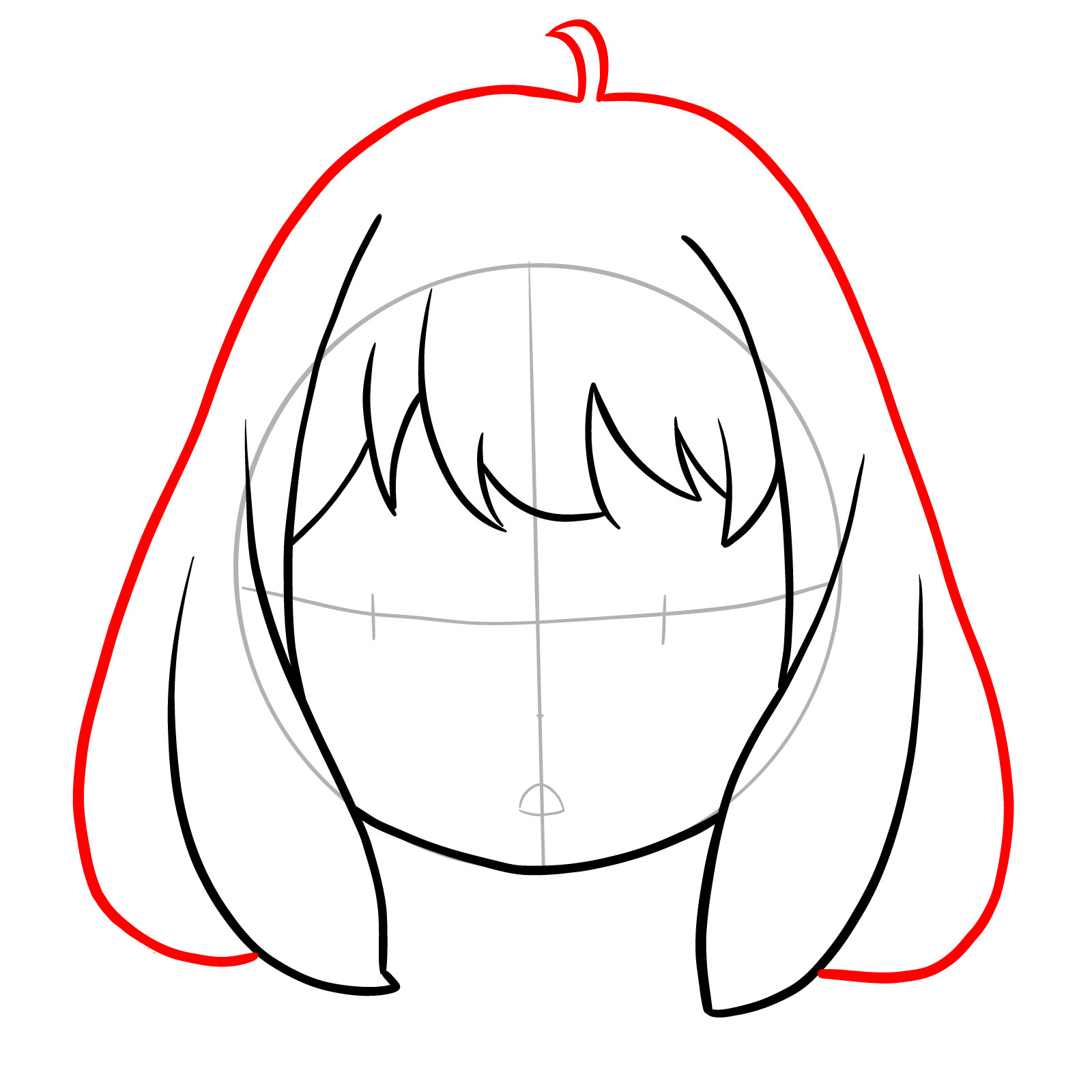 Step 5 in how to draw Anya's face illustrating the overall hairstyle outline