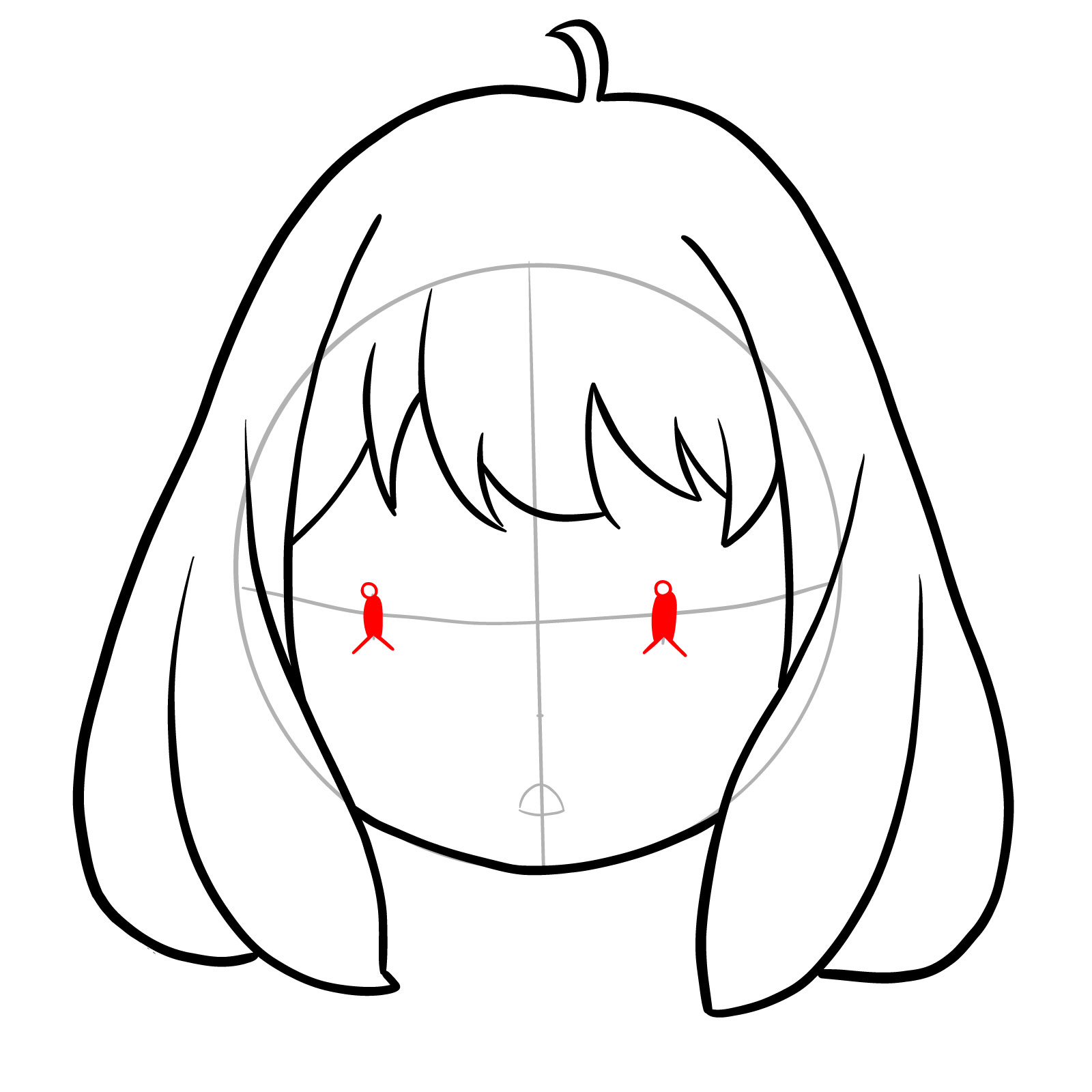 Step 6 of Anya's face drawing guide starting to draw the eyes
