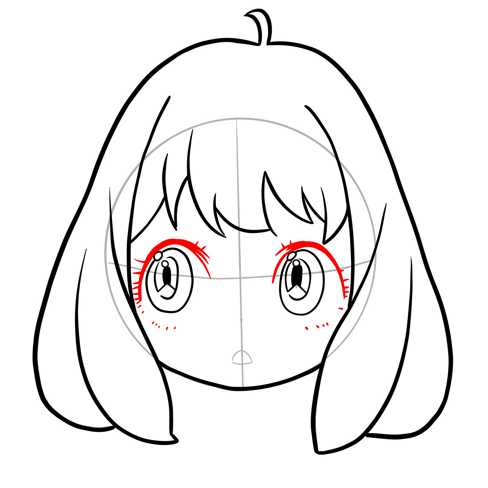 Step 9 of how to draw Anya's face showing the sketch of her eyelashes - step 09