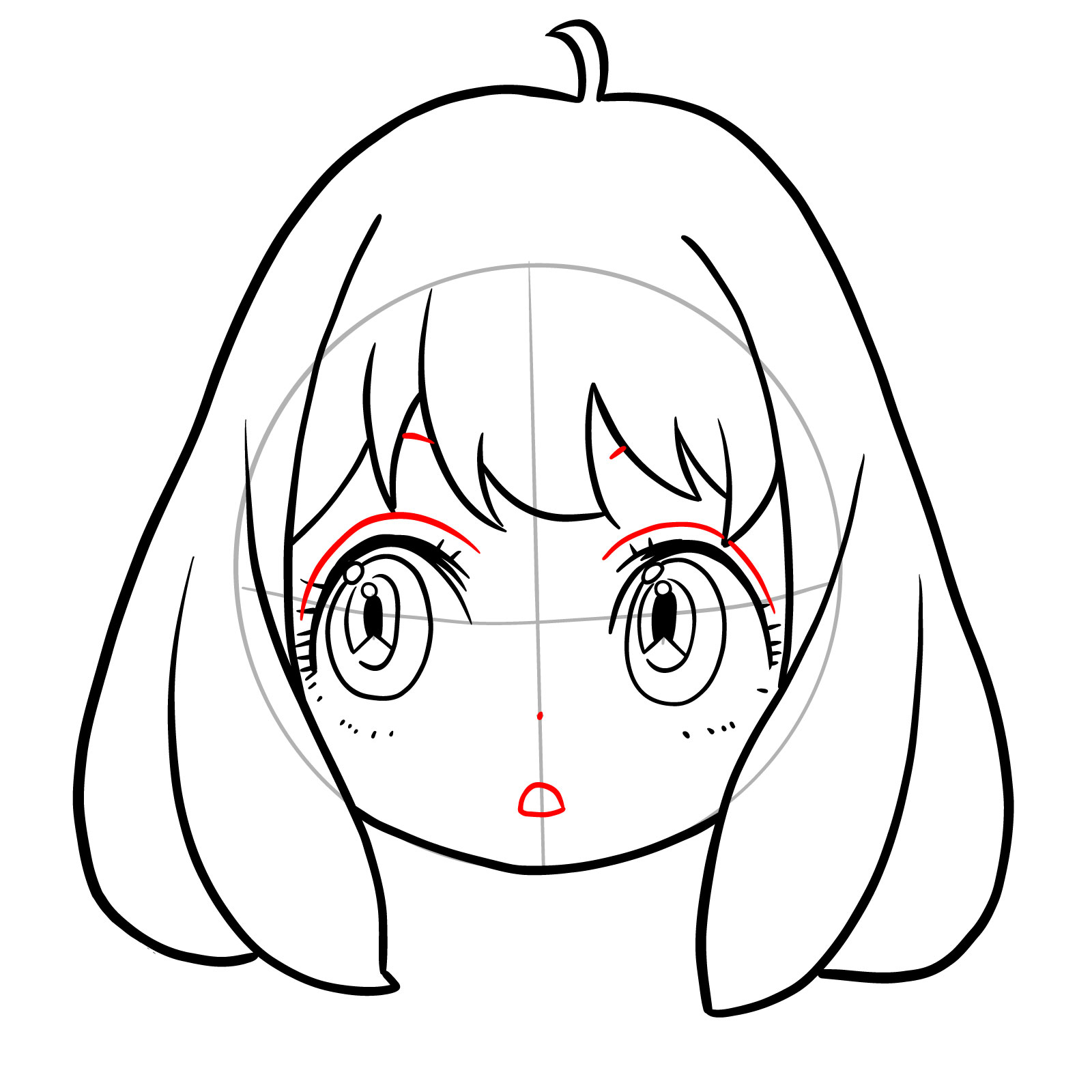 Step 10 in Anya's face drawing guide adding eyelids, brows, nose, and mouth