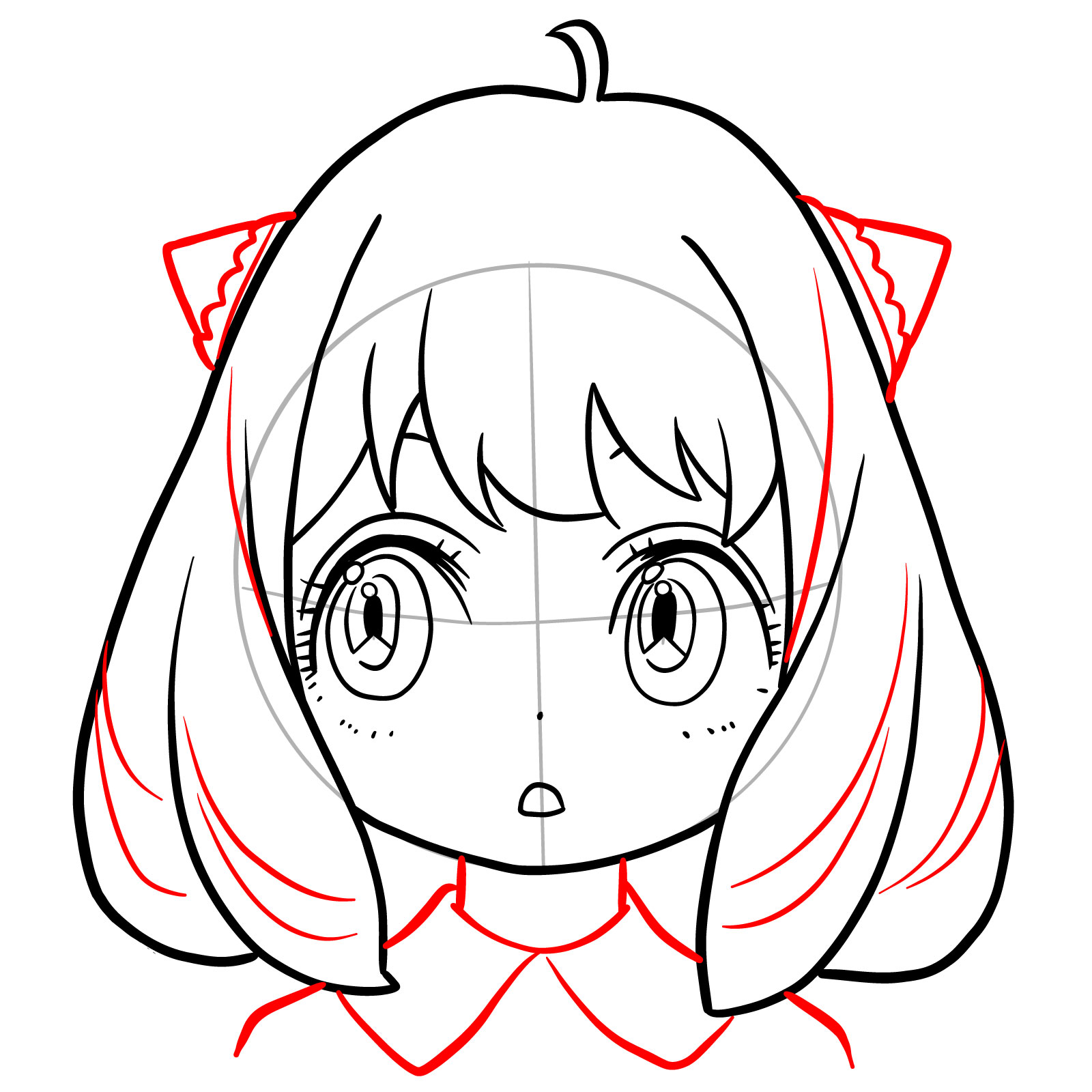 Final details of Anya's face drawing with hair accessories and outfit outline - step 11