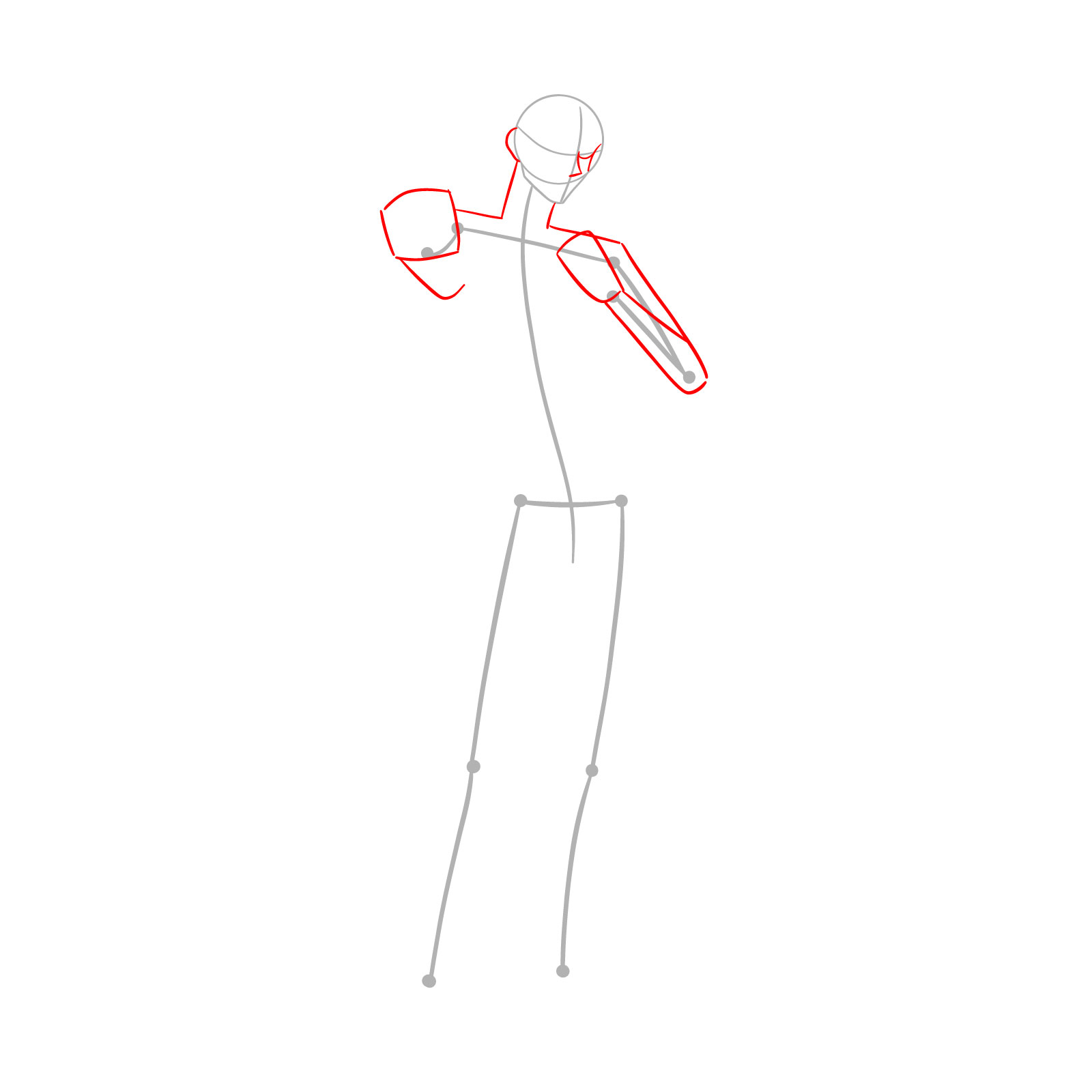 Addition of basic shapes to outline Satoru Gojo's upper body and arms in the drawing - step 02