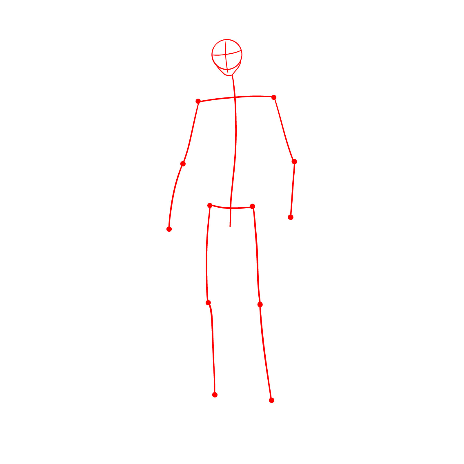 How to draw Megumi – Step 1: Sketching a circle for the face base, guidelines, and a stick figure for pose and proportions