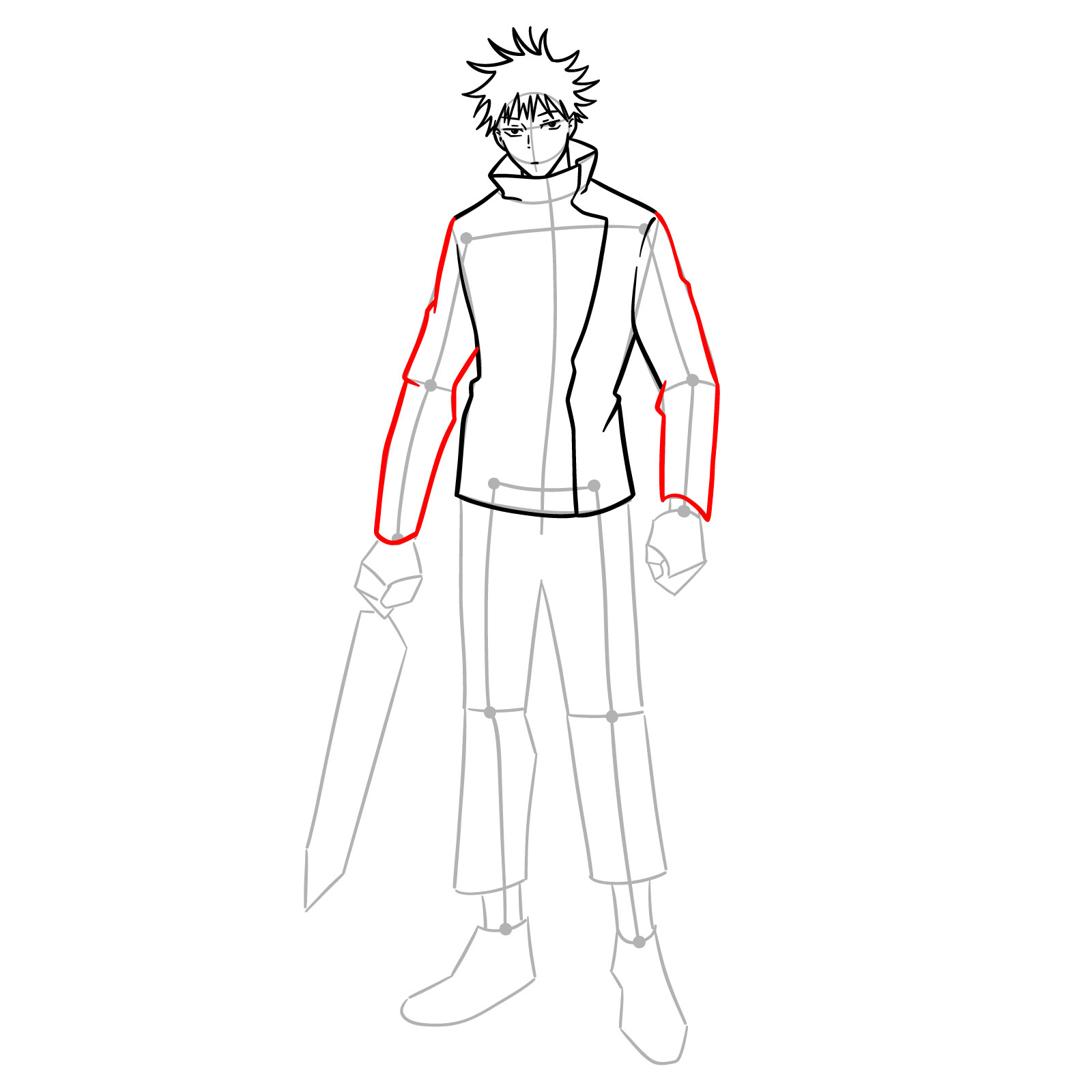 Megumi Drawing – Step 11: Outlining the jacket sleeves with slight folds for a realistic look