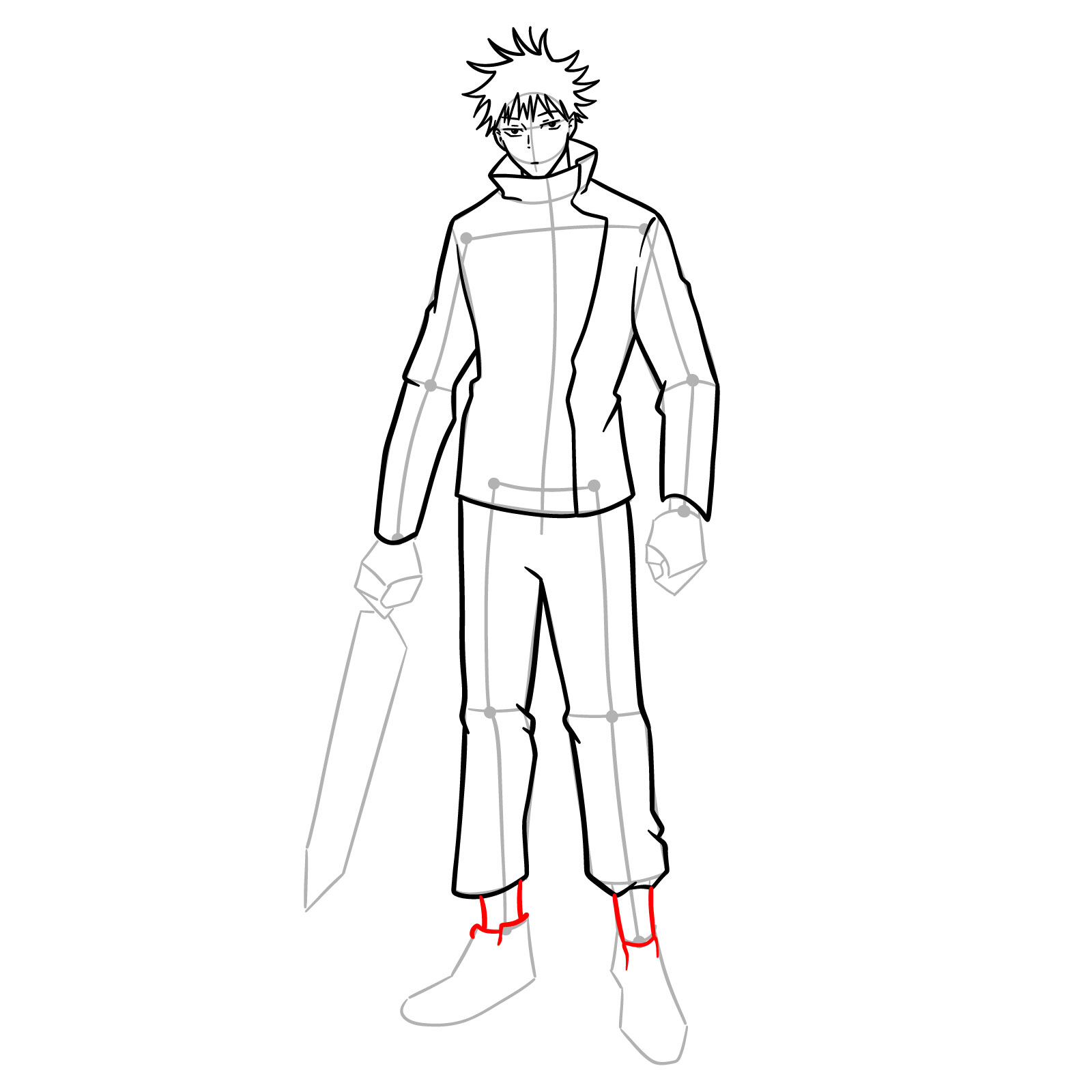 Megumi Drawing – Step 14: Adding the legs between the pants and shoes, and outlining the top of the shoes