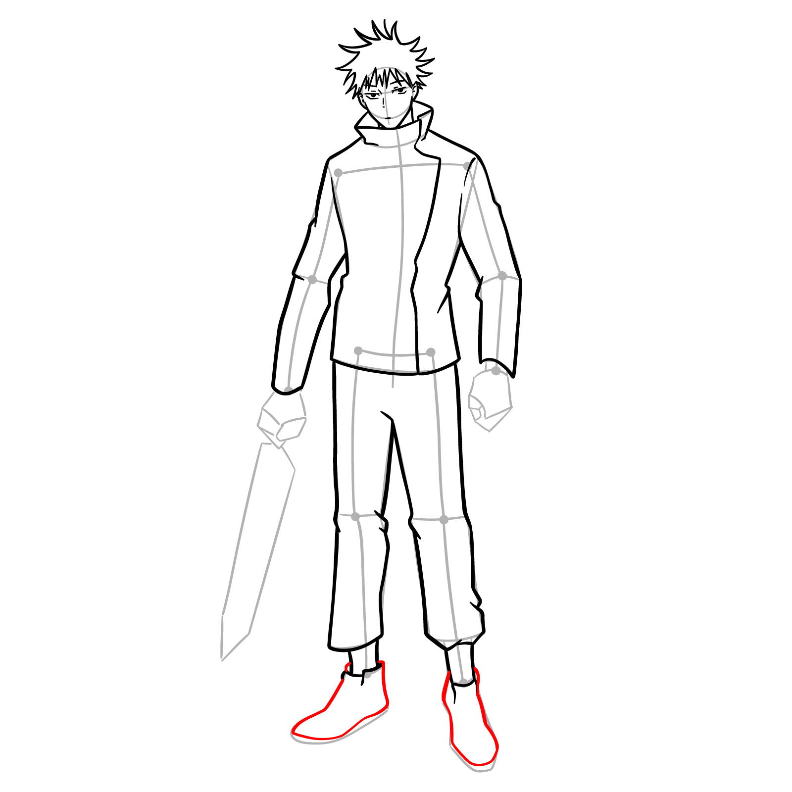 Megumi Drawing – Step 15: Outlining the shoes while leaving room for the soles