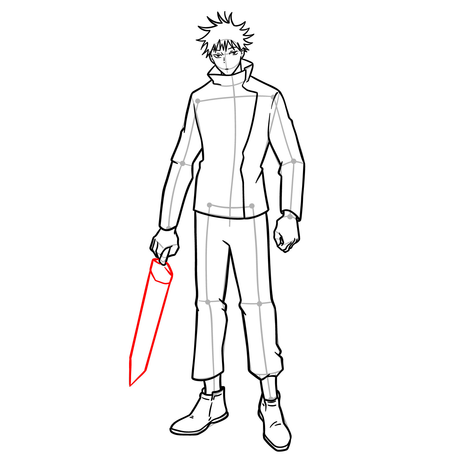 Megumi Full Body Drawing – Step 20: Drawing the outline of the sword blade and its base